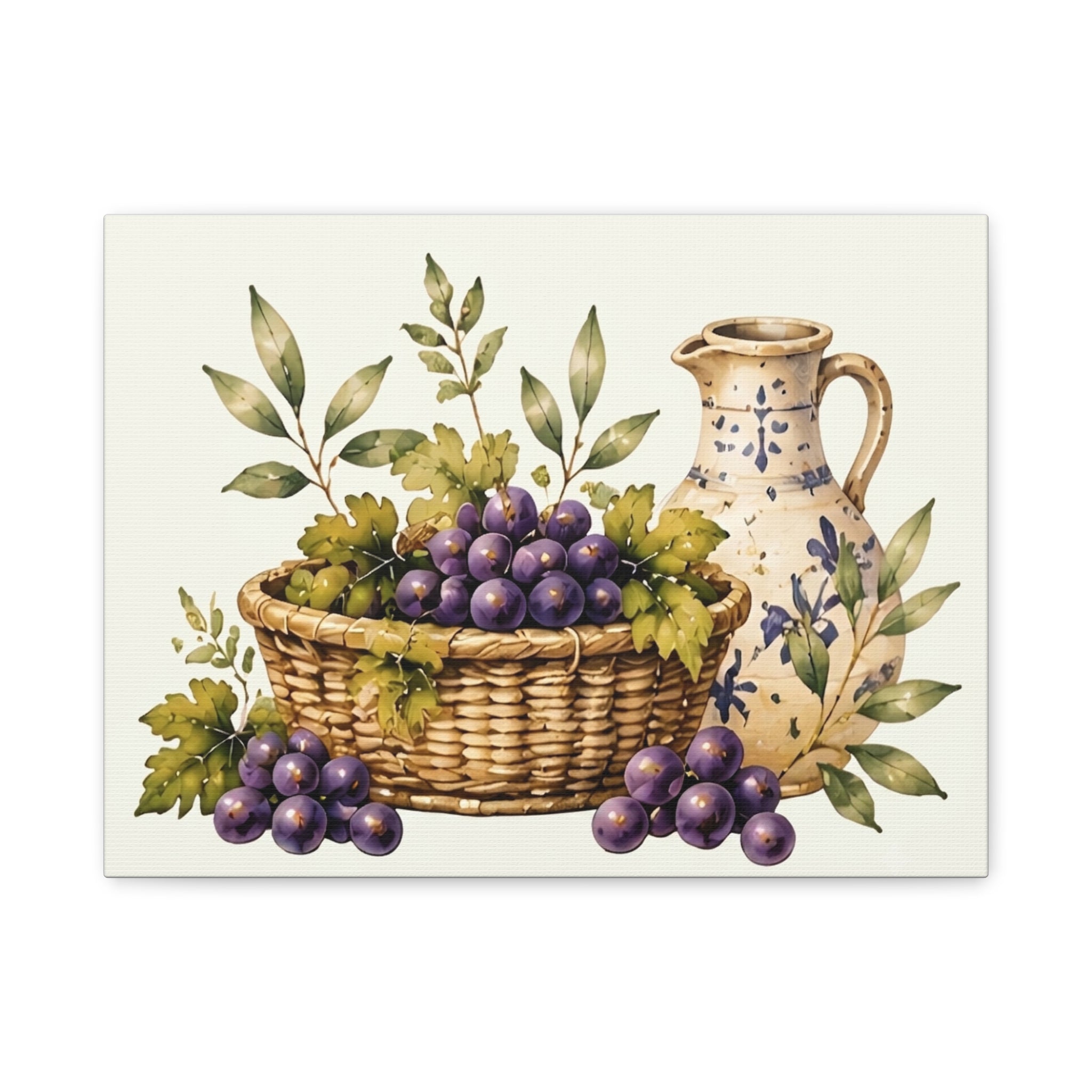 Grapes & Pitcher Matte Canvas Wall Art, Rustic Tuscan Kitchen Decor, Vintage Fruit Still Life Print, Dining Room Art, Solen