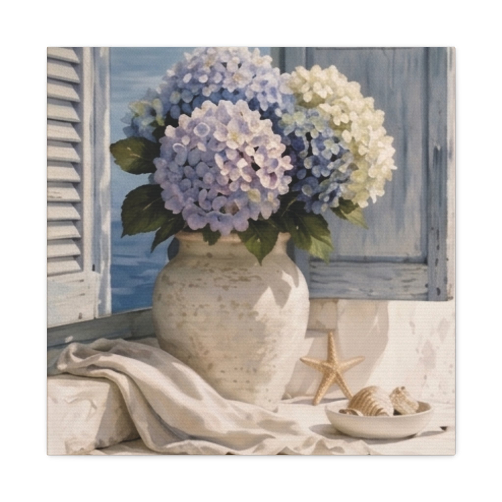 Coastal Hydrangea Canvas Wall Art, Blue Flowers by the Window Print, Mediterranean Seaside Decor, Botanical Living Room Art, Solen