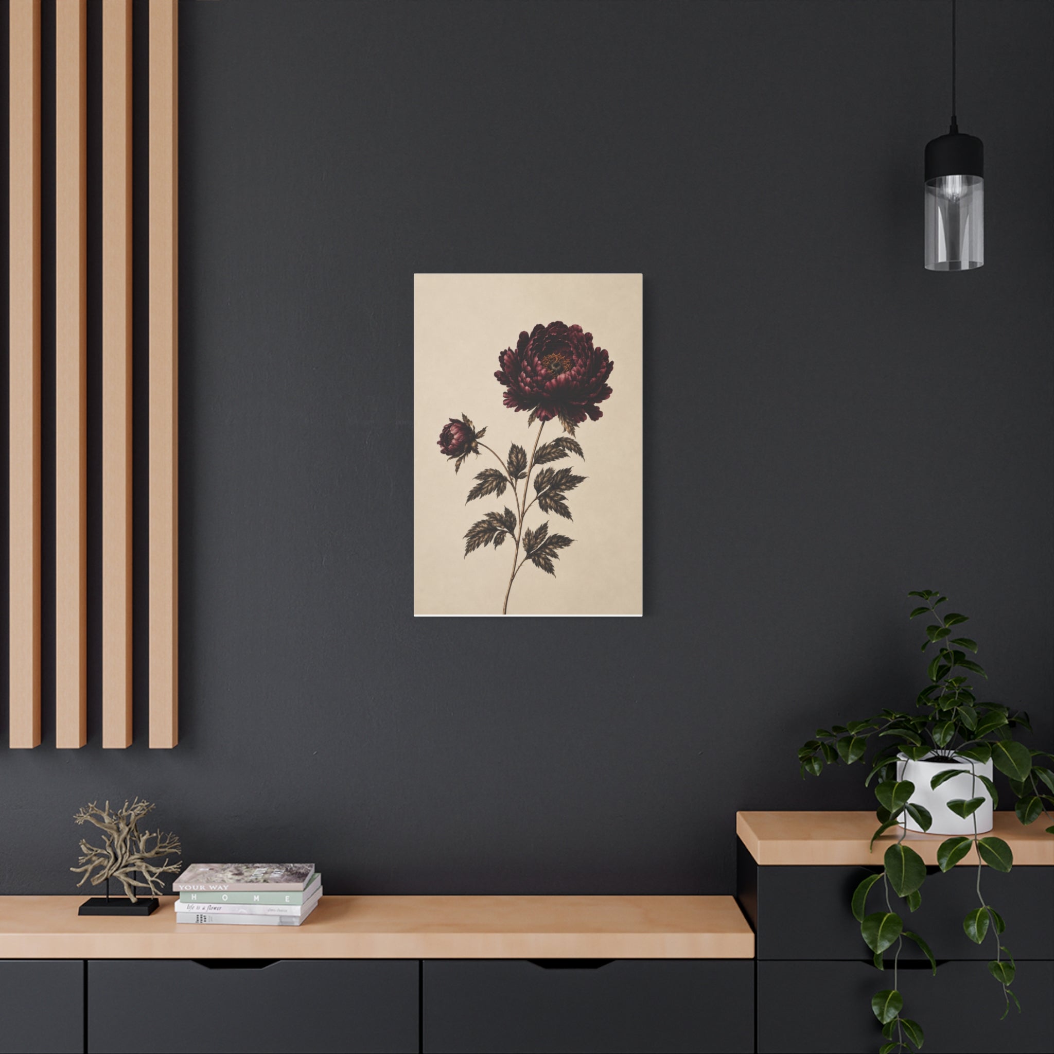 Vintage Botanical Canvas Print, Burgundy Chrysanthemum Wall Art, Dark Academia Floral Decor, Moody Antique Flower Art, Solen