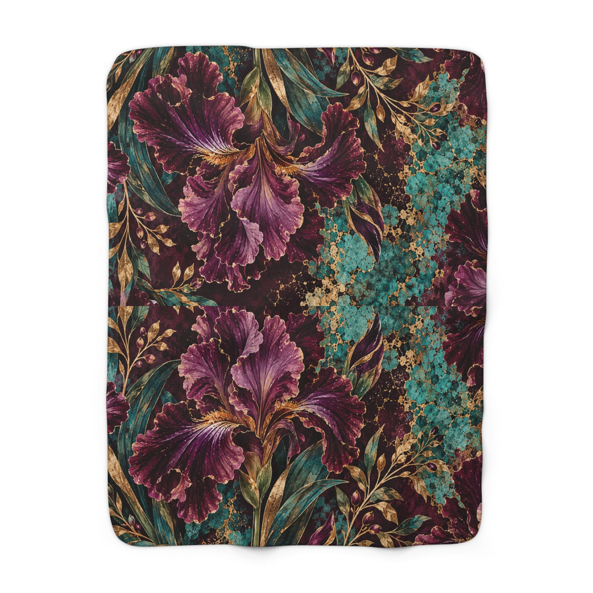 Floral Vintage Sherpa Blanket — Plush Purple Iris & Teal Botanical Throw