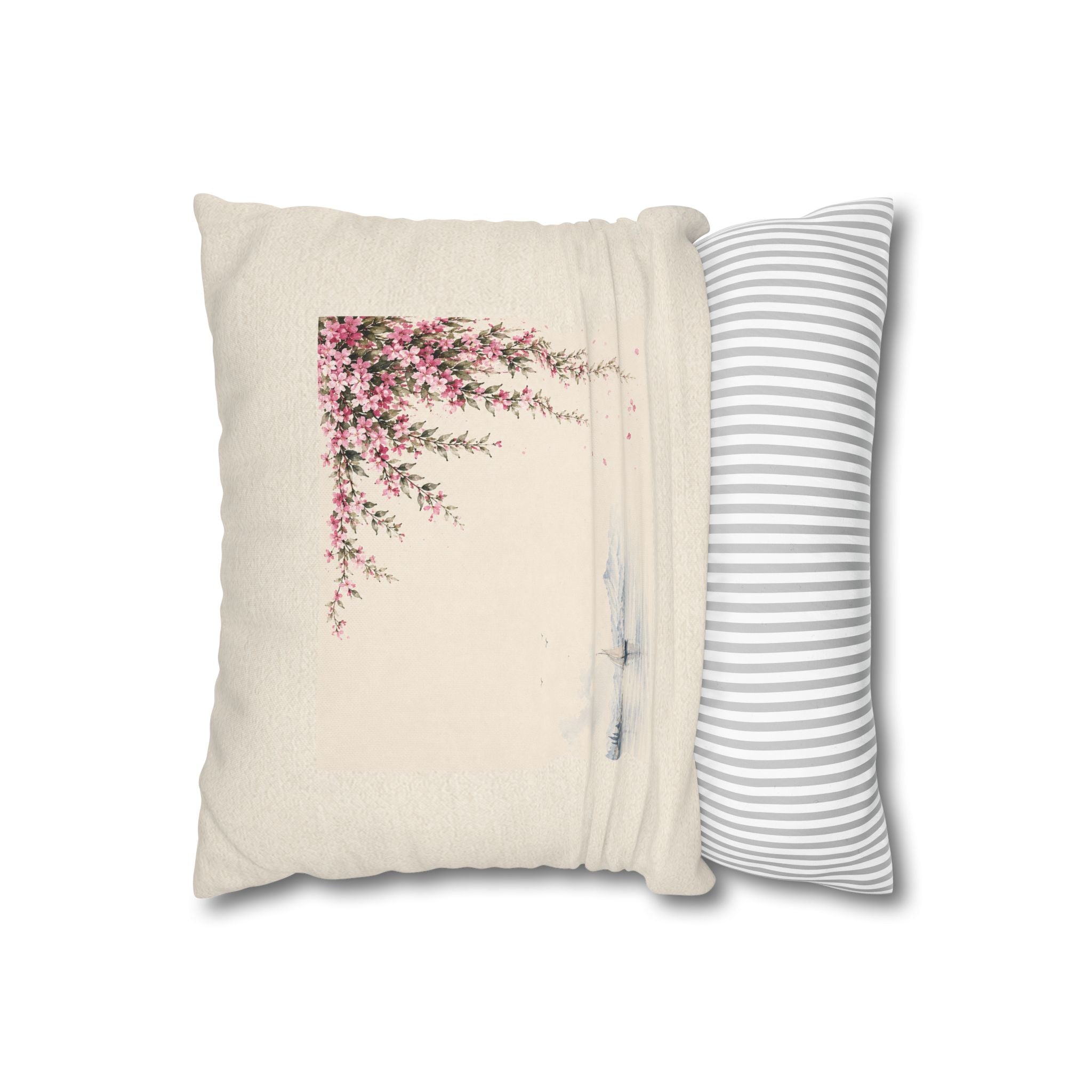 Watercolor Cherry Blossom Branch Throw Pillow Cover, Japanese Sakura Sailboat Cushion, Zen Minimalist Home Decor, Square Pillow, Solen
