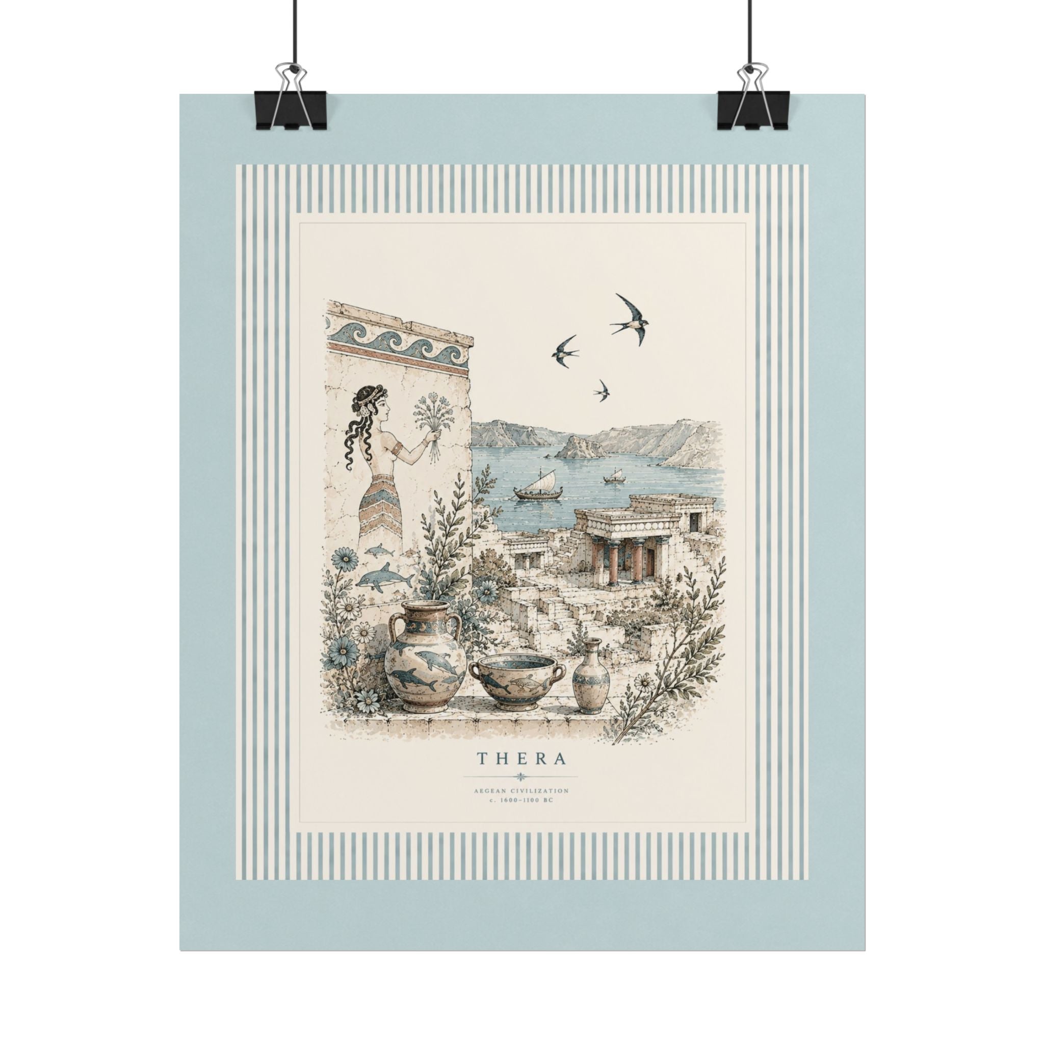 Thera Ancient Aegean Wall Art Print | Minoan Civilization Poster | Vintage Greek Mythology Illustration | Mediterranean Coastal Decor, Solen