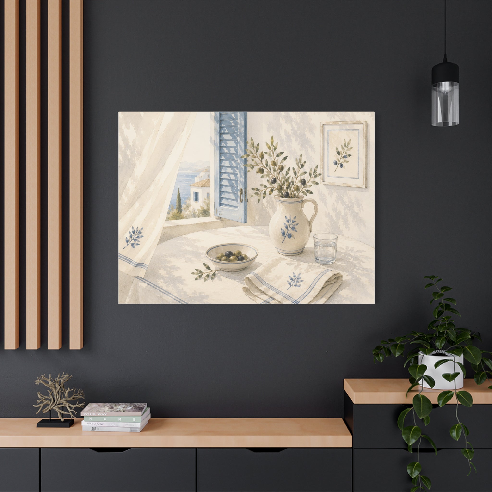 Mediterranean Window Canvas Wall Art, Blue Shutters & Olive Branch Print, Coastal Ceramic Still Life Decor, Window Stories, Solen