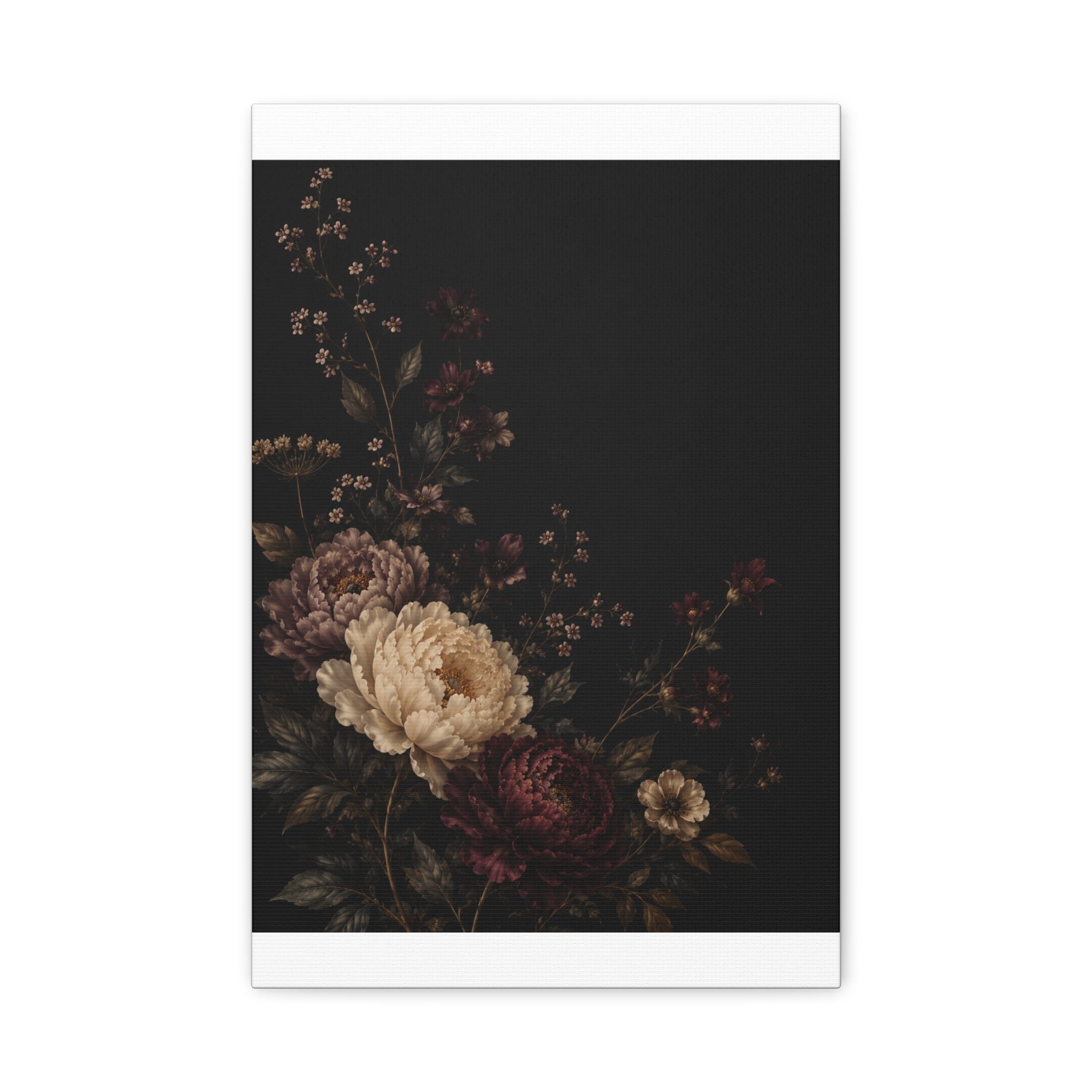 Dark Floral Canvas Wall Art, Ivory & Burgundy Peony Garden, Moody Botanical Painting on Black, Vintage Flower Wall Decor, Solen