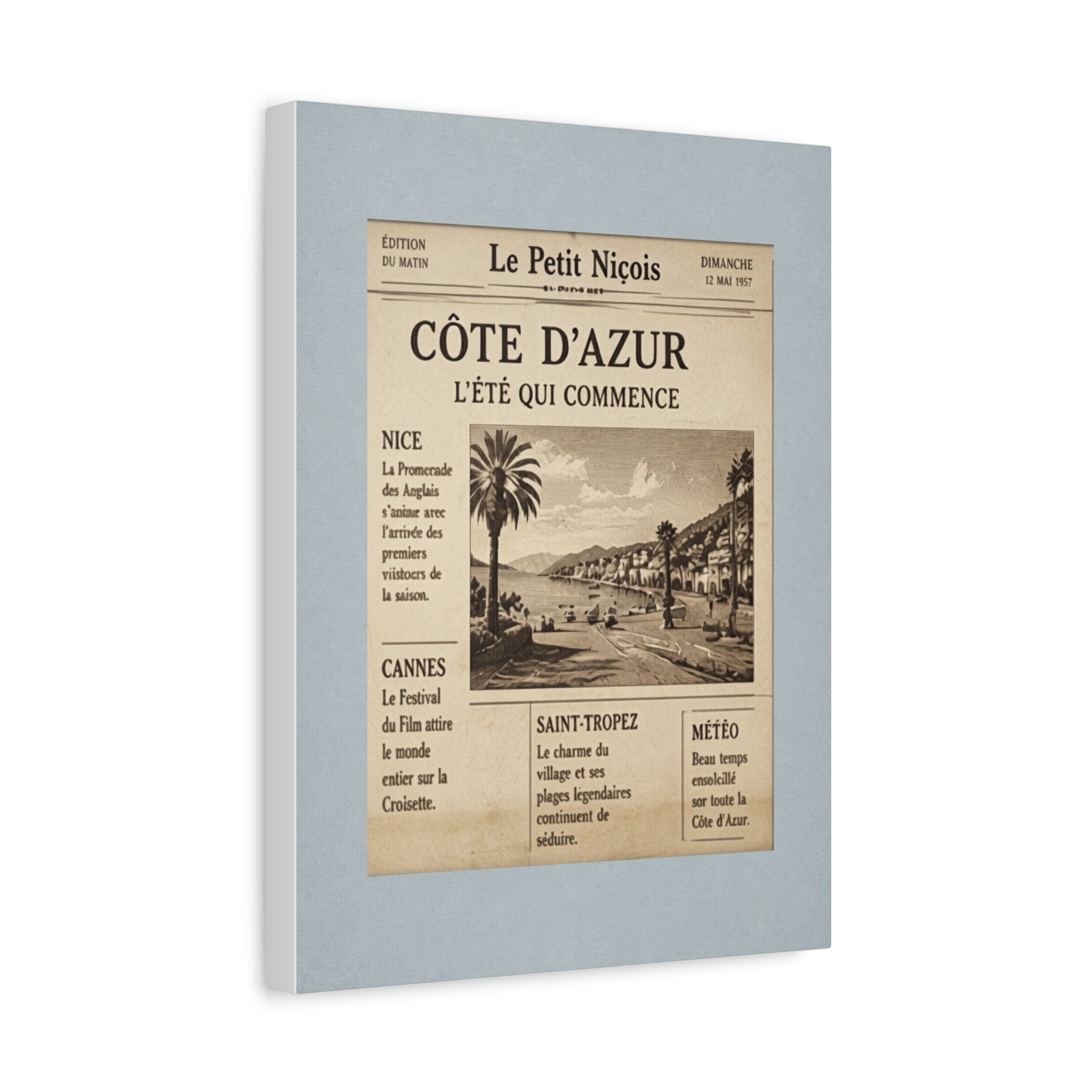 Côte d'Azur Vintage Newspaper Canvas, French Riviera Wall Art, Retro Collage Print, Provence Mid Century Decor, Solen