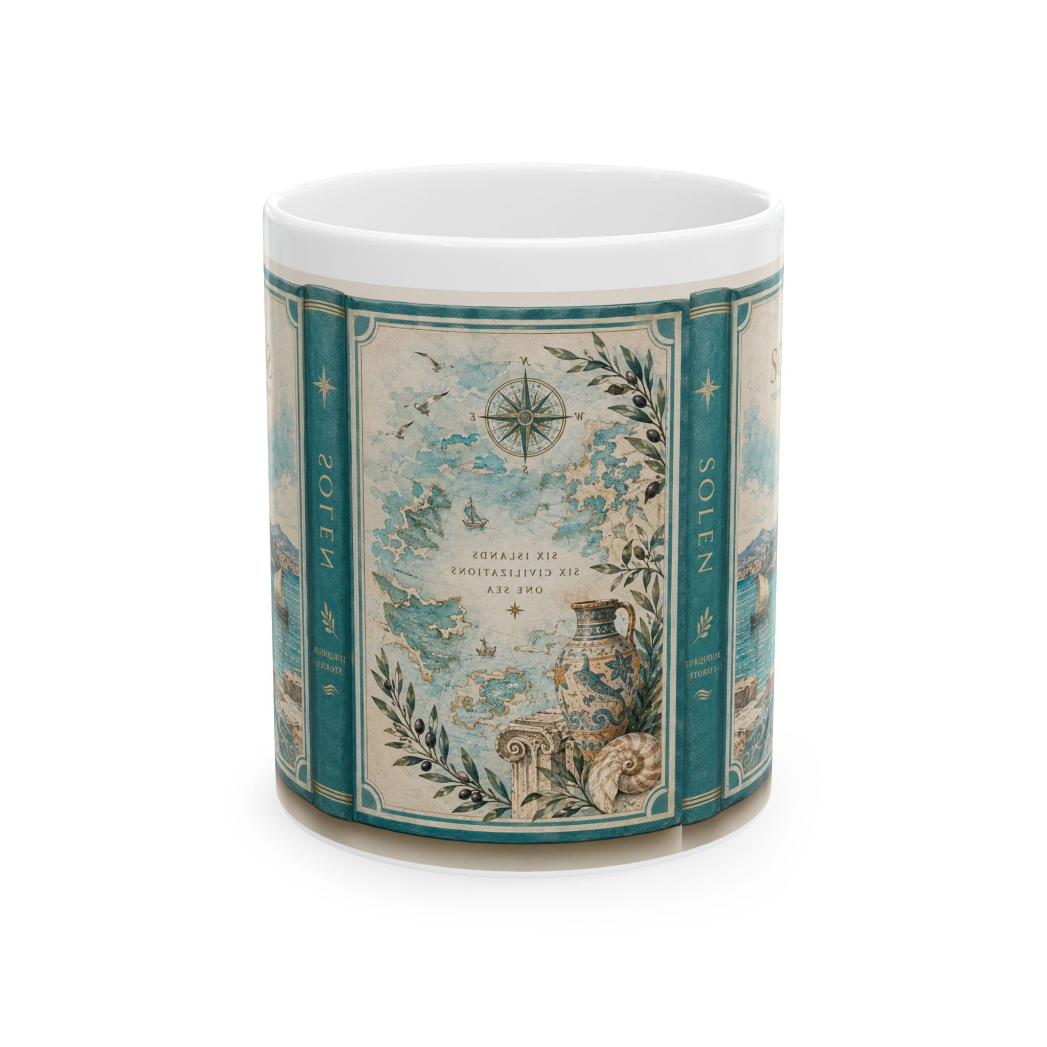 Mediterranean Vintage Label Ceramic Mug, Coastal Coffee Cup, Retro Kitchen Decor, Gift for Coffee Lovers, Solen