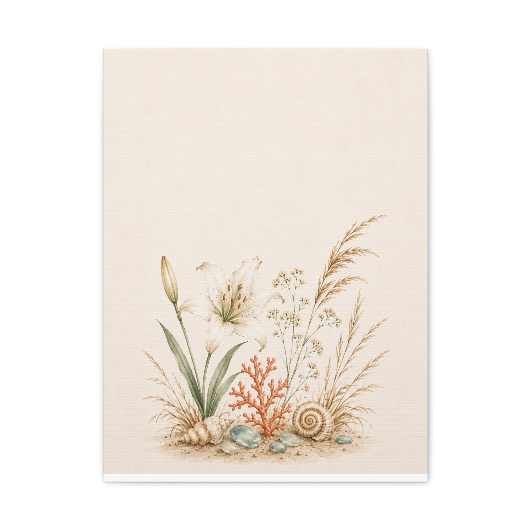 Coastal Meadow Canvas Wall Art, Botanical Seashell Print, Beach Cottage Decor, Neutral Coastal Living Room Art, Solen