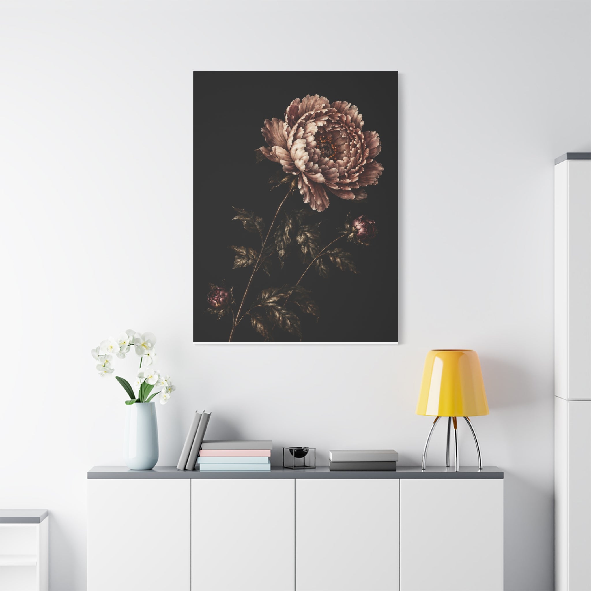 Blush Peony Canvas Wall Art, Velvet Botanical Print on Black, Romantic Floral Painting, Elegant Peony Wall Decor, Solen