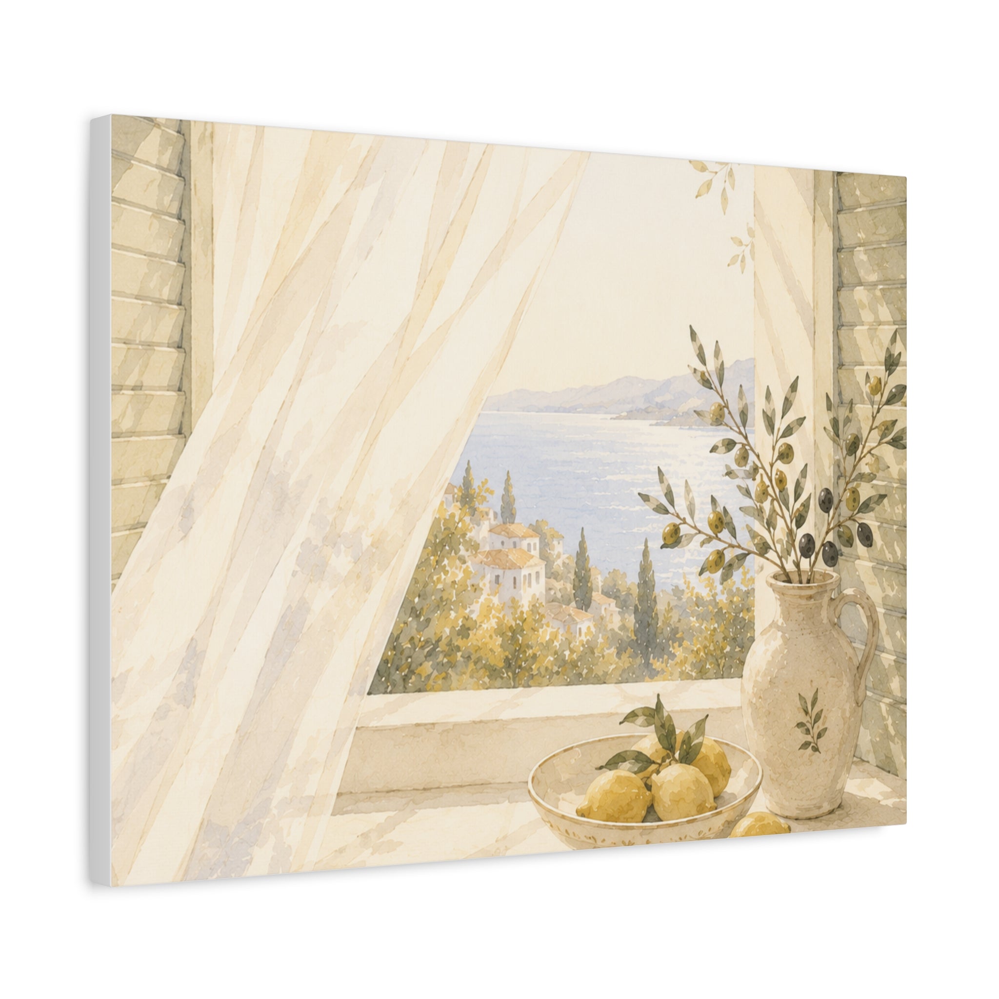 Golden Morning Window Canvas Wall Art, Mediterranean Lemon & Olive Print, Sunlit Linen Curtain Coastal Decor, Window Stories, Solen