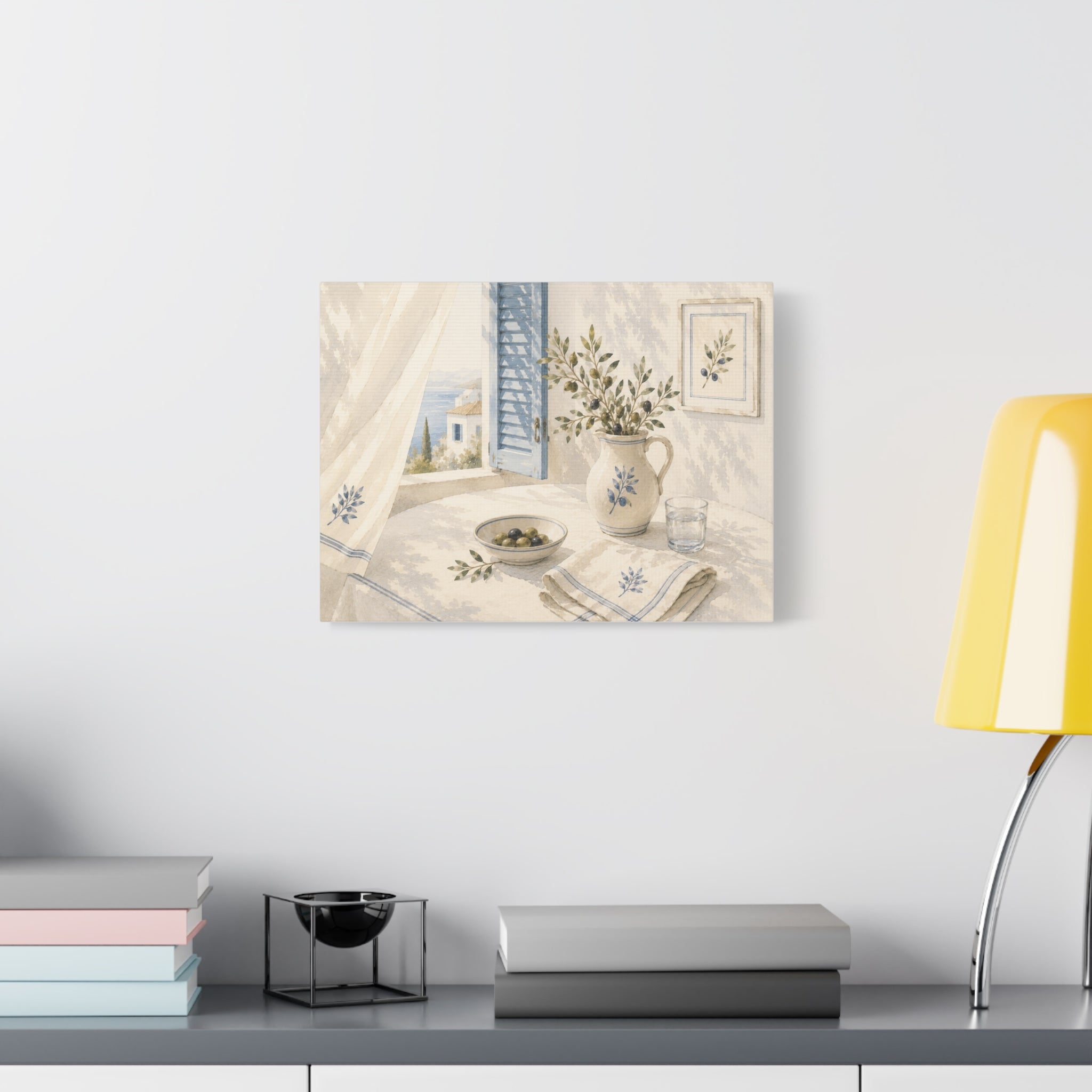 Mediterranean Window Canvas Wall Art, Blue Shutters & Olive Branch Print, Coastal Ceramic Still Life Decor, Window Stories, Solen