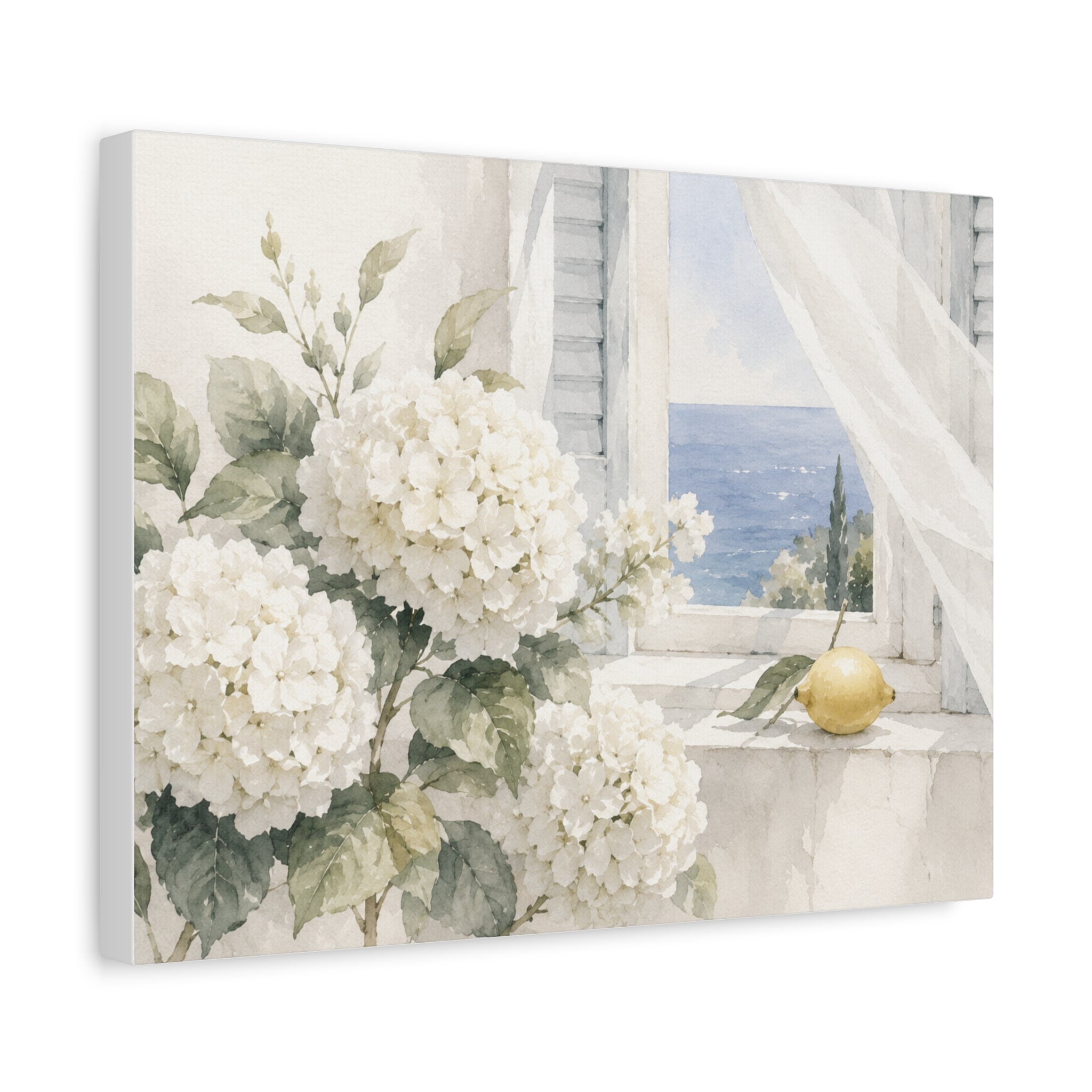 White Summer Window Canvas Wall Art, Hydrangea & Sea Watercolor Print, Coastal Cottage Bedroom Decor, Blue Seaside Art, Solen