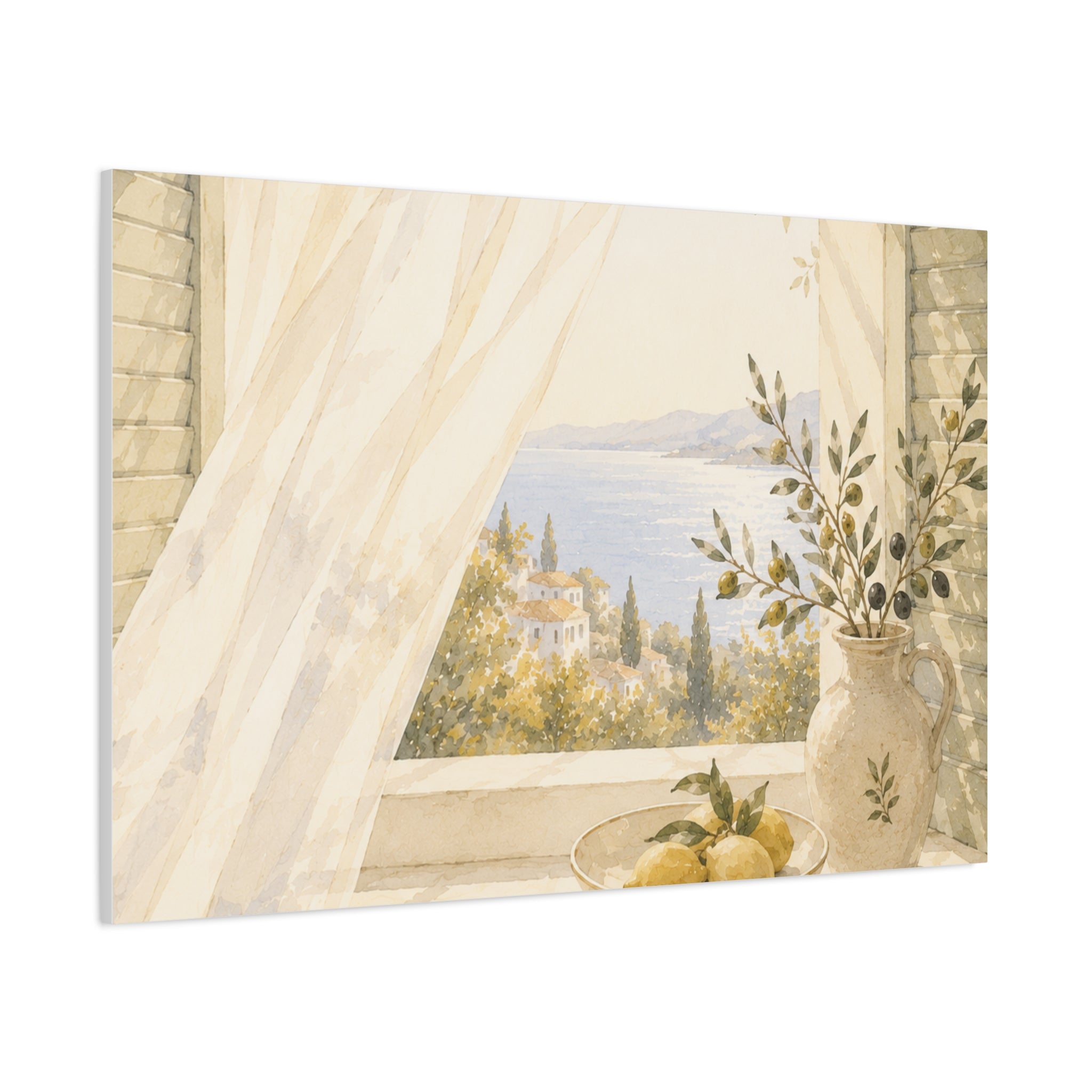 Golden Morning Window Canvas Wall Art, Mediterranean Lemon & Olive Print, Sunlit Linen Curtain Coastal Decor, Window Stories, Solen