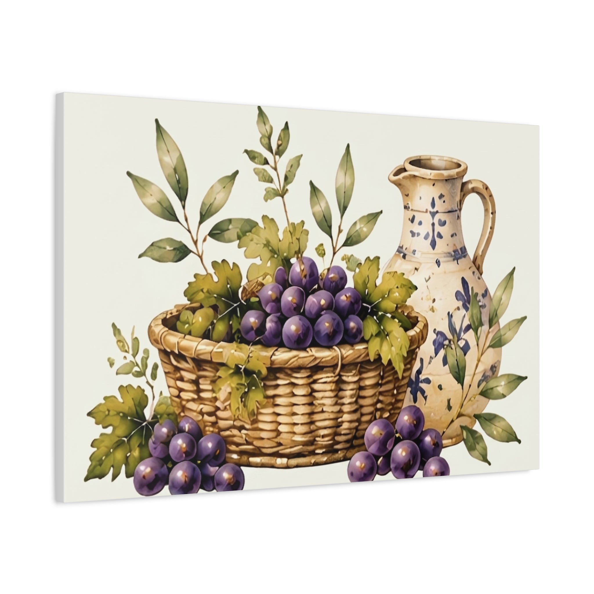 Grapes & Pitcher Matte Canvas Wall Art, Rustic Tuscan Kitchen Decor, Vintage Fruit Still Life Print, Dining Room Art, Solen