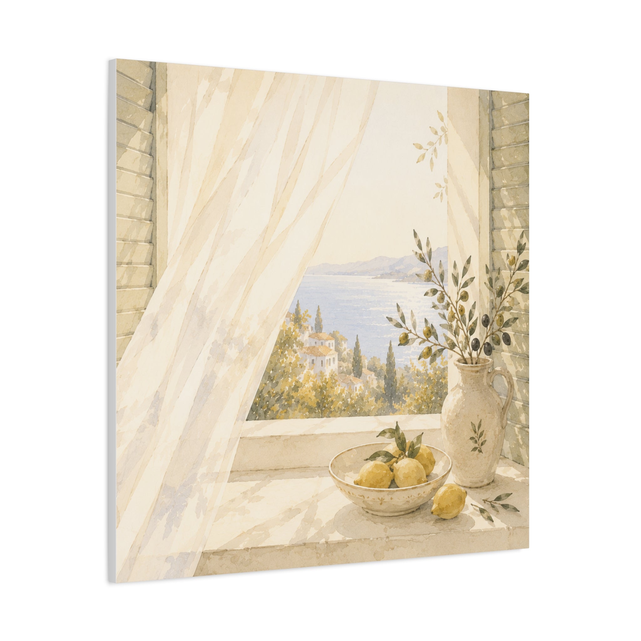 Golden Morning Window Canvas Wall Art, Mediterranean Lemon & Olive Print, Sunlit Linen Curtain Coastal Decor, Window Stories, Solen