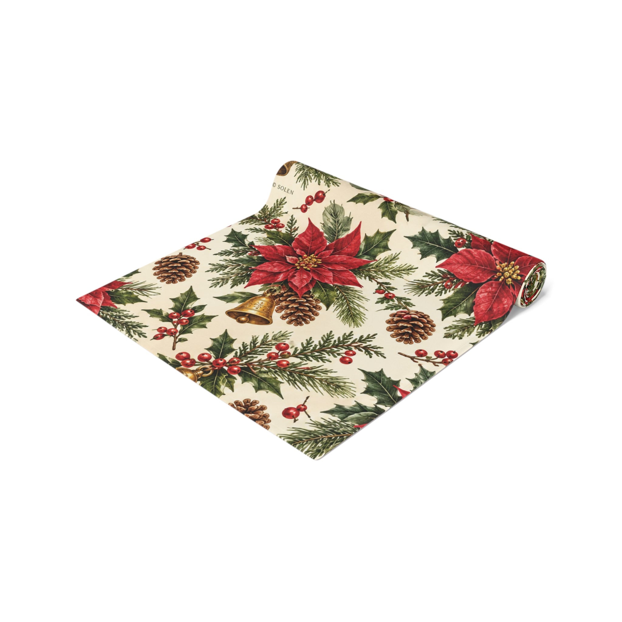 Christmas Table Runner, Poinsettia Pine Cone Holiday Runner, Festive Winter Dining Table Decor, Rustic Farmhouse Xmas Hostess Gift