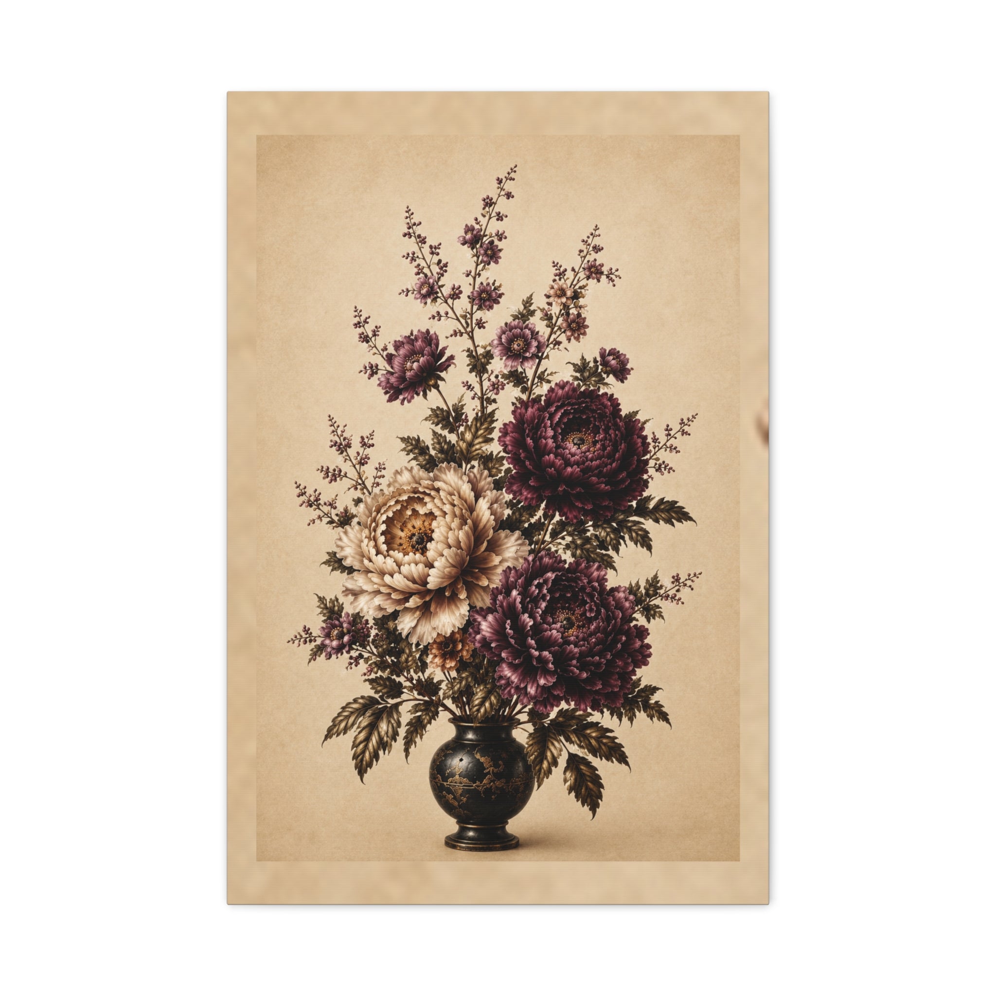 Vintage Botanical Flower Bouquet Canvas, Antique Floral Vase Print, Dark Academia Home Decor, Moody Burgundy Chrysanthemum Art, Solen