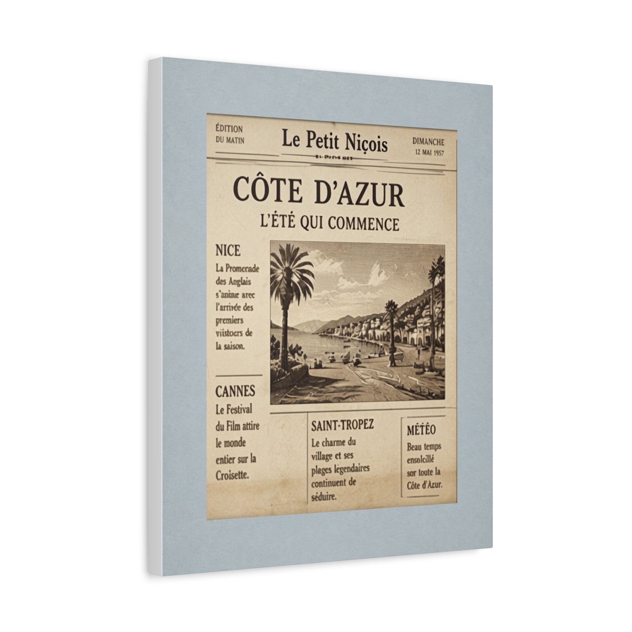 Côte d'Azur Vintage Newspaper Canvas, French Riviera Wall Art, Retro Collage Print, Provence Mid Century Decor, Solen