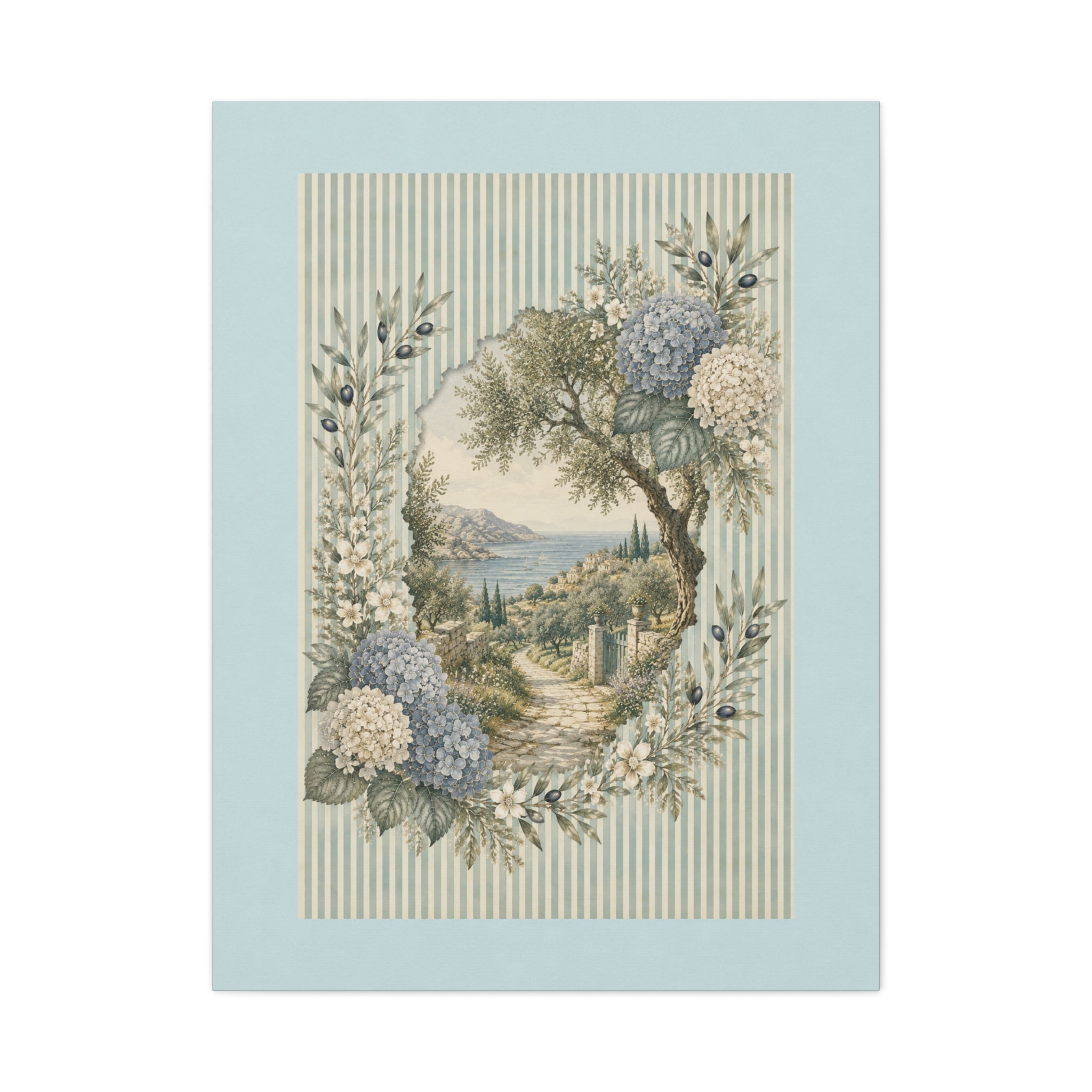 Coastal Garden Canvas Wall Art, Vintage Hydrangea Seaside Landscape Print, Blue Flower Coastal Decor, Cottage Wall Art, Solen