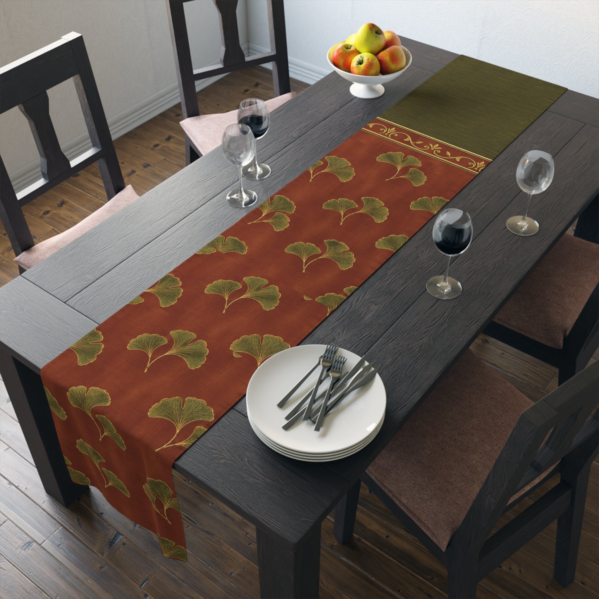 Ginkgo Leaf Table Runner — Earthy Brown & Olive Cotton-Blend Dining Decor
