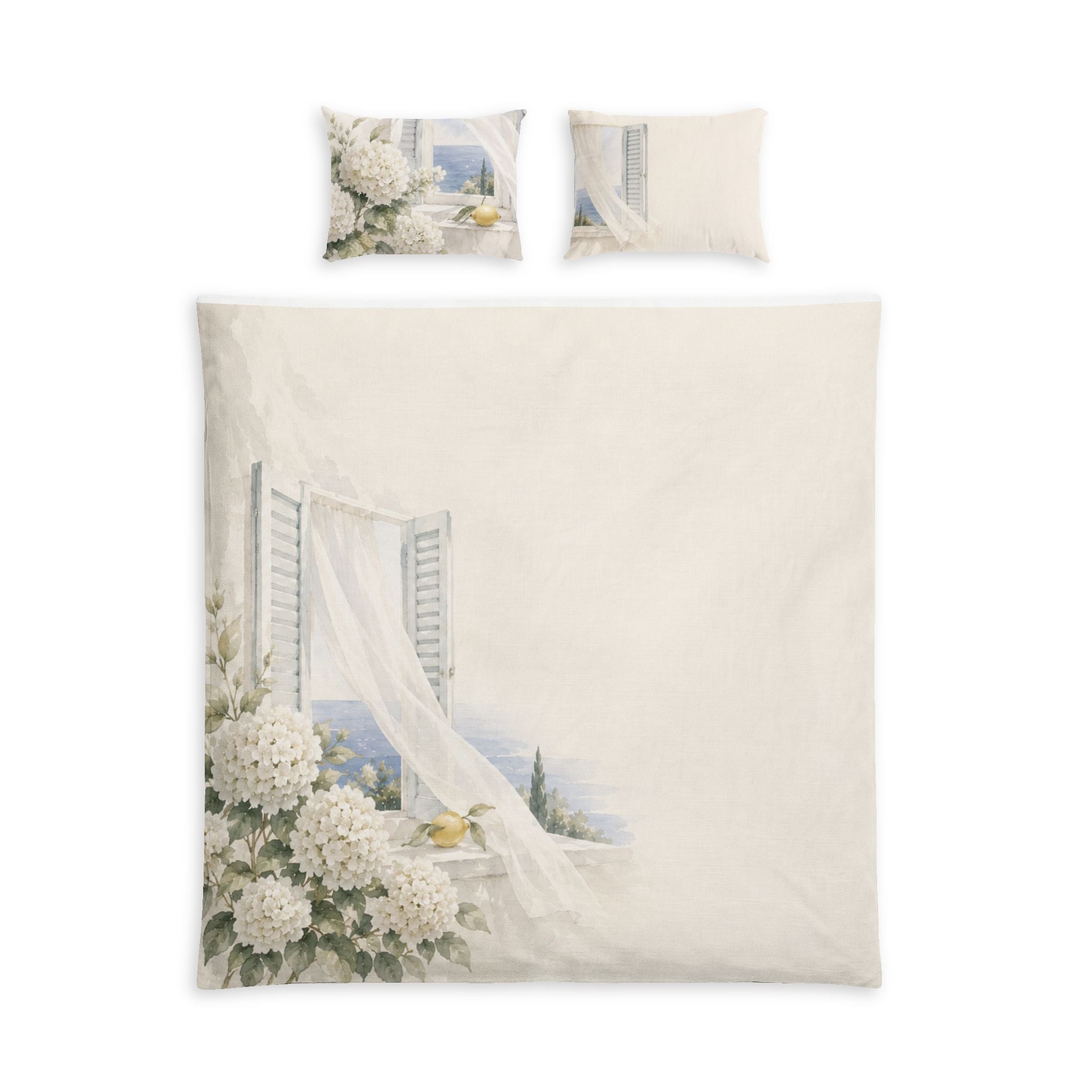 White Summer | Mediterranean Window Duvet Cover Set | Coastal Hydrangea Bedding | SOLEN ART
