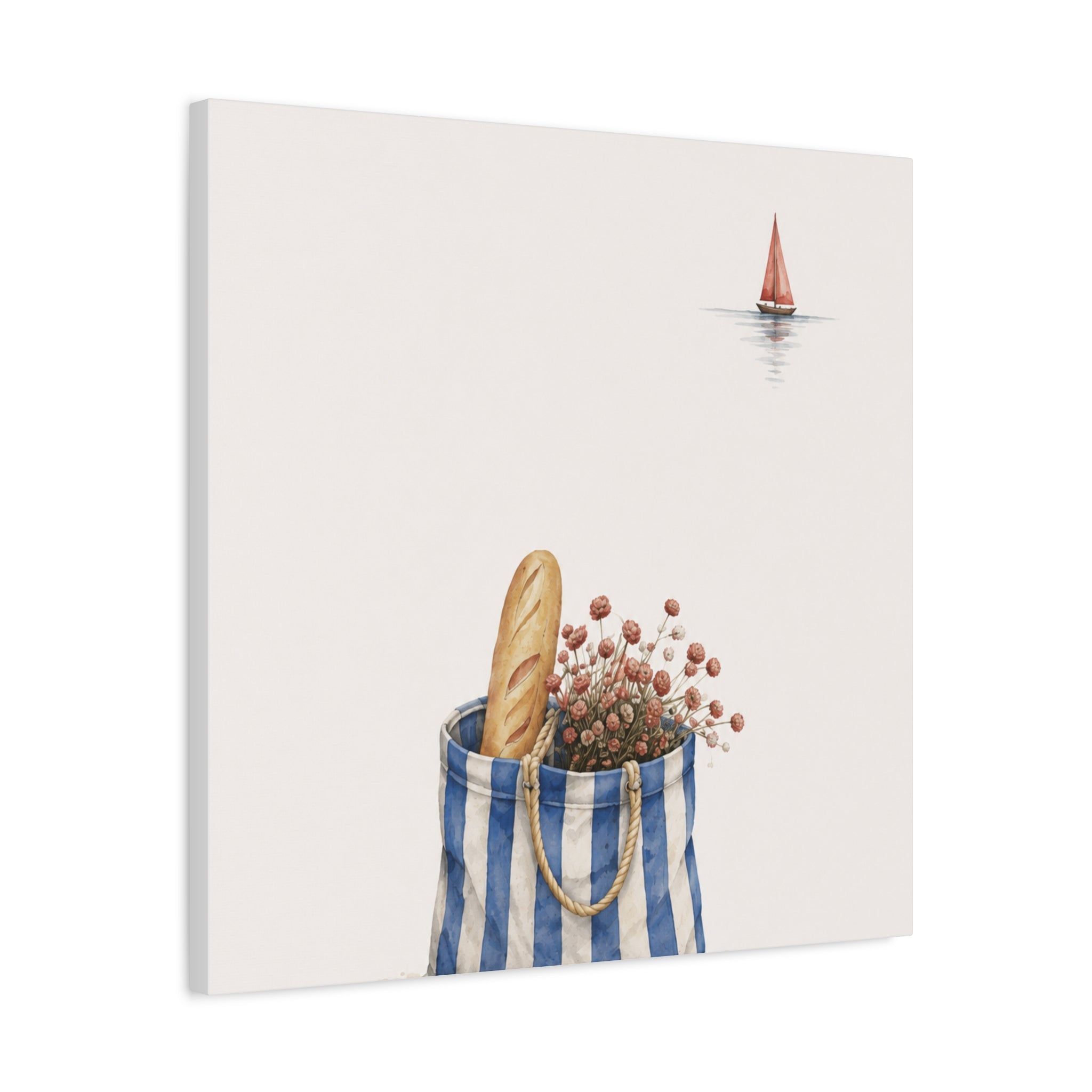 Market Bag by the Sea Canvas Print – Blue & Salt Mediterranean Kitchen Wall Art | Solen