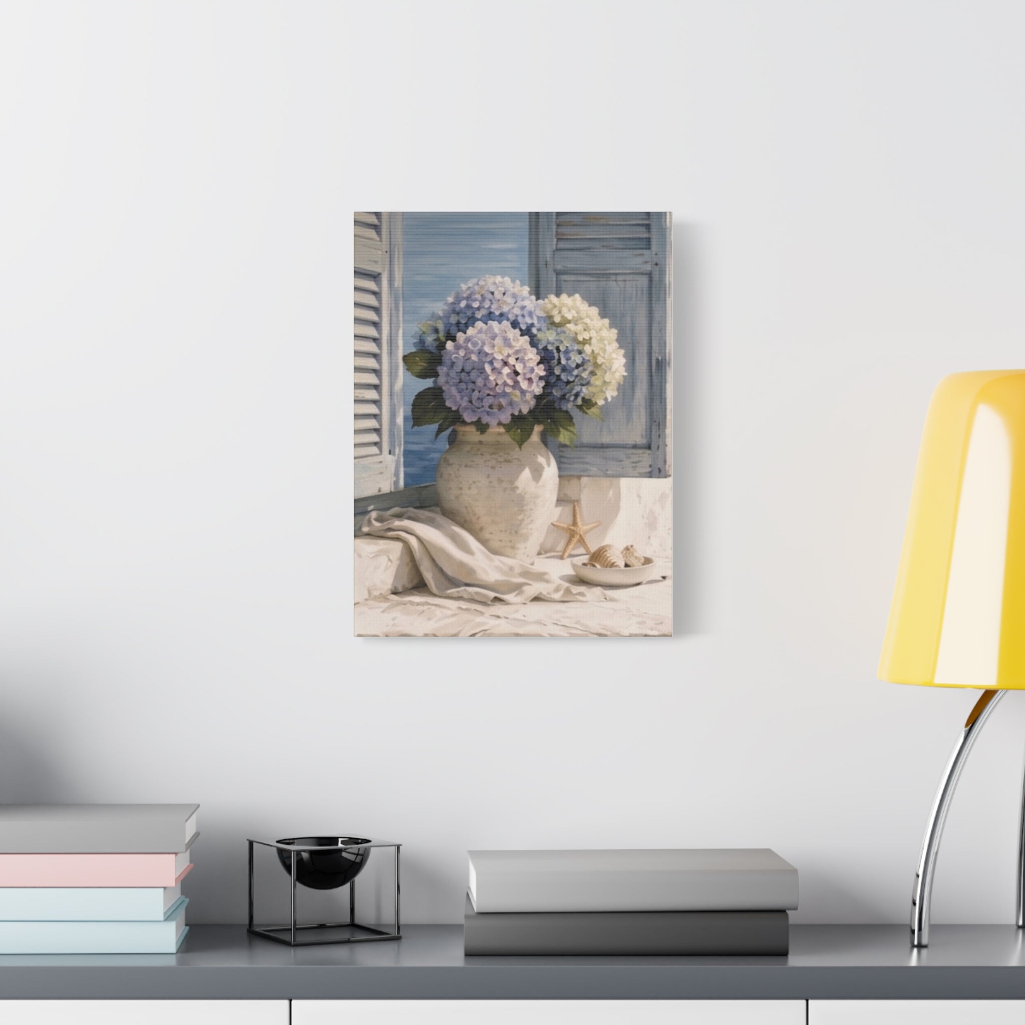 Coastal Hydrangea Canvas Wall Art, Blue Flowers by the Window Print, Mediterranean Seaside Decor, Botanical Living Room Art, Solen