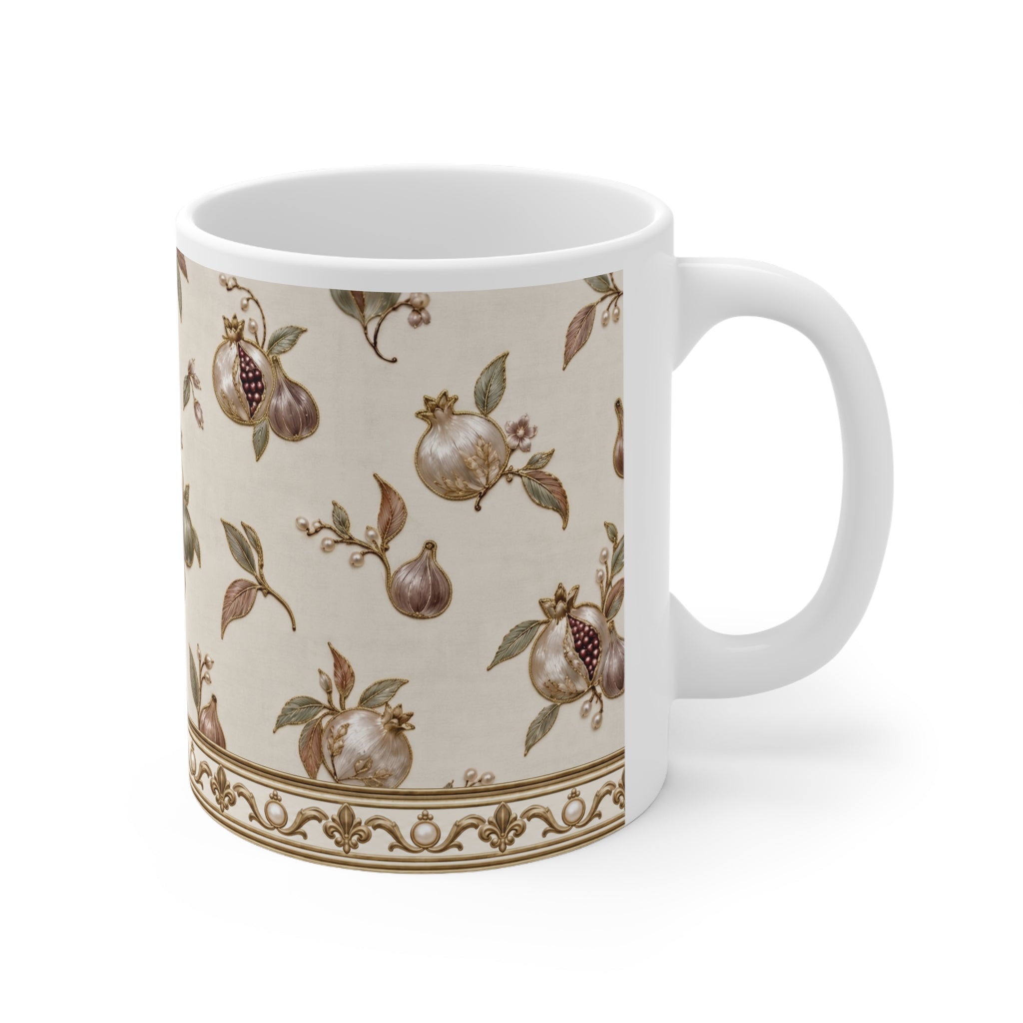 Pomegranate Mug, Antique Gold Botanical Coffee Cup, Elegant Mediterranean Fall Mug, Thanksgiving Gift, Neutral Kitchen Decor