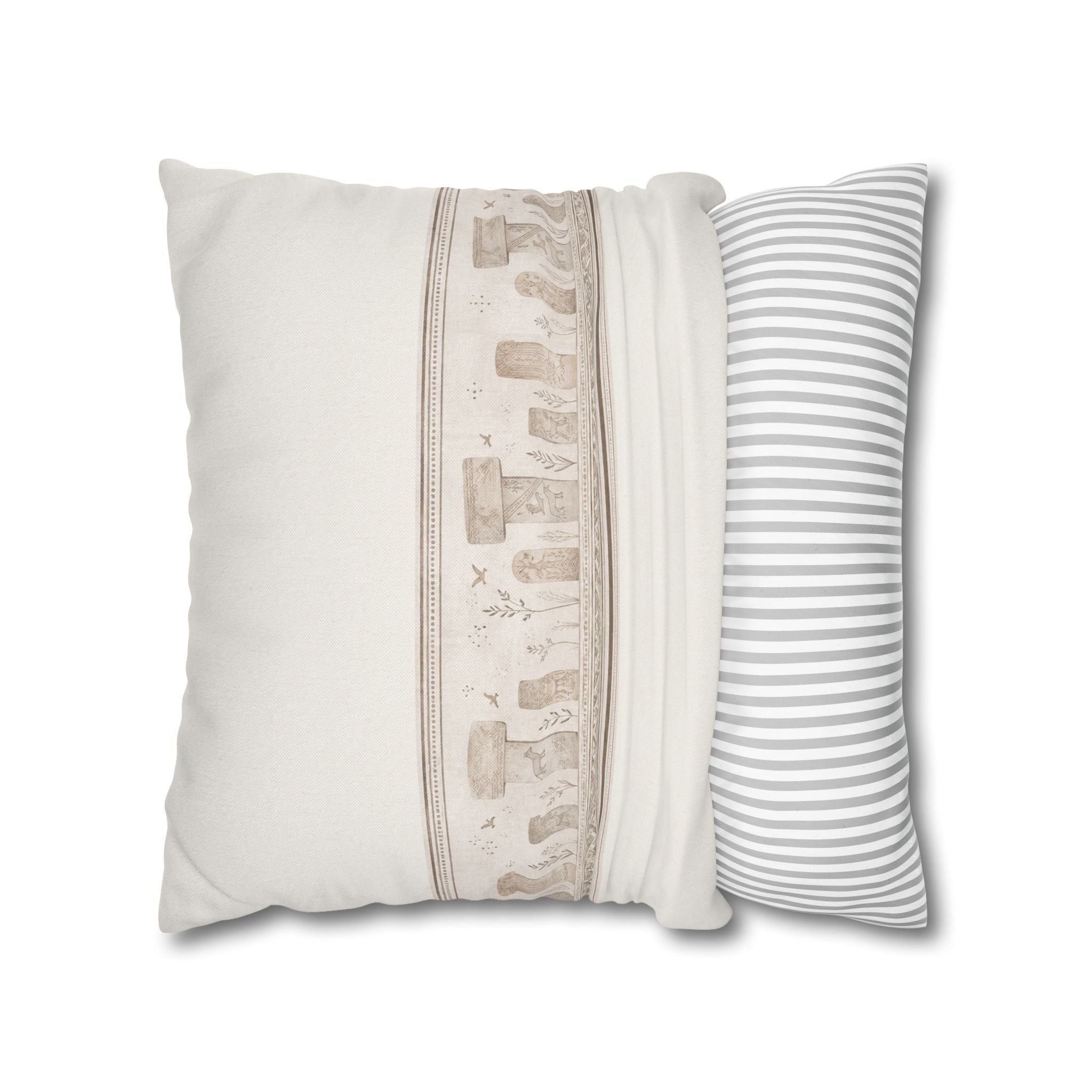 Göbeklitepe Border Pillow Cover, Ancient Anatolian Print Cushion, Neutral Beige Sofa Decor, Historical Square Pillow, Solen