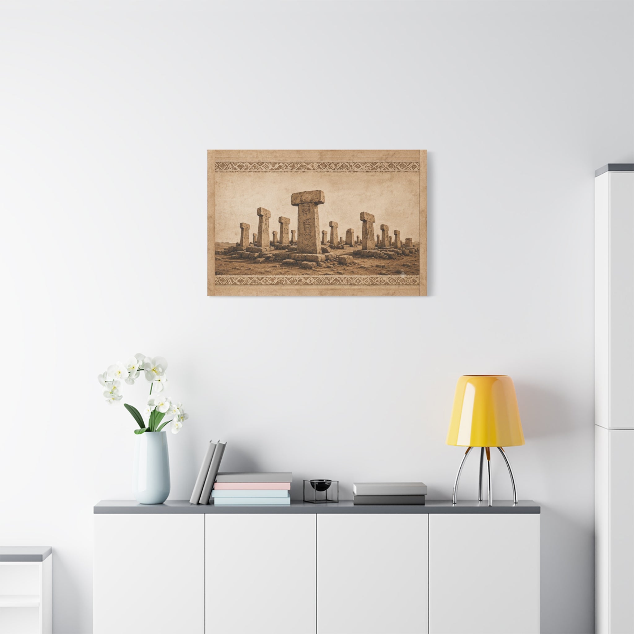 Göbeklitepe Wall Art Canvas, Ancient Stone Pillars Print, Sepia Archaeological Landscape, Anatolian Border Design, Large Wall Decor, Solen