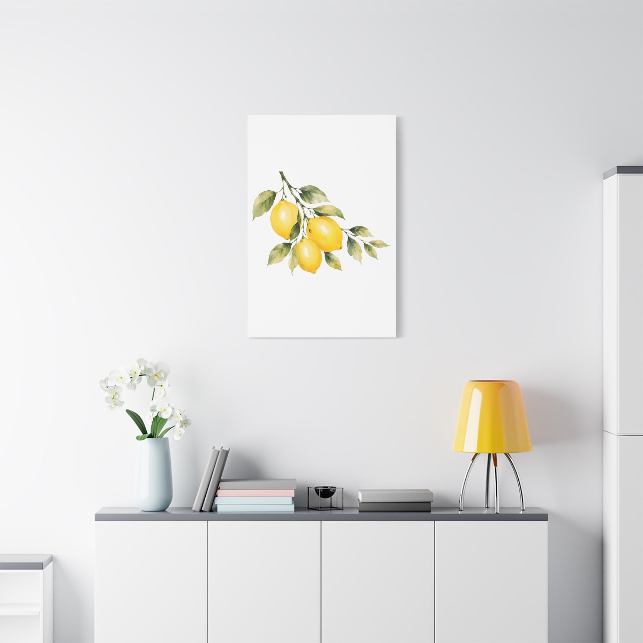 Lemon Branch Watercolor Canvas Print, Mediterranean Citrus Wall Art, Yellow Lemon Kitchen Decor, Golden Hour Botanical Art, Solen
