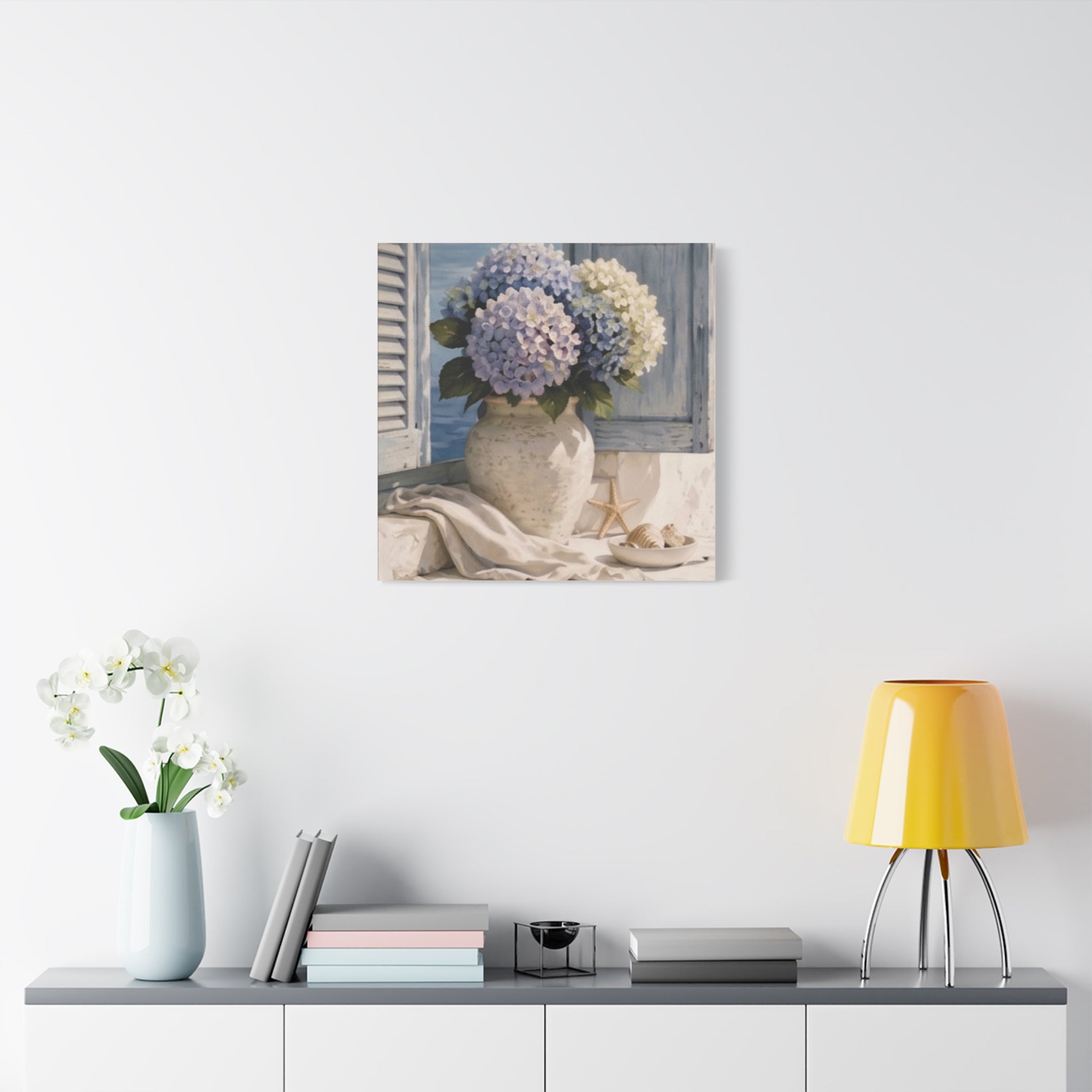 Coastal Hydrangea Canvas Wall Art, Blue Flowers by the Window Print, Mediterranean Seaside Decor, Botanical Living Room Art, Solen