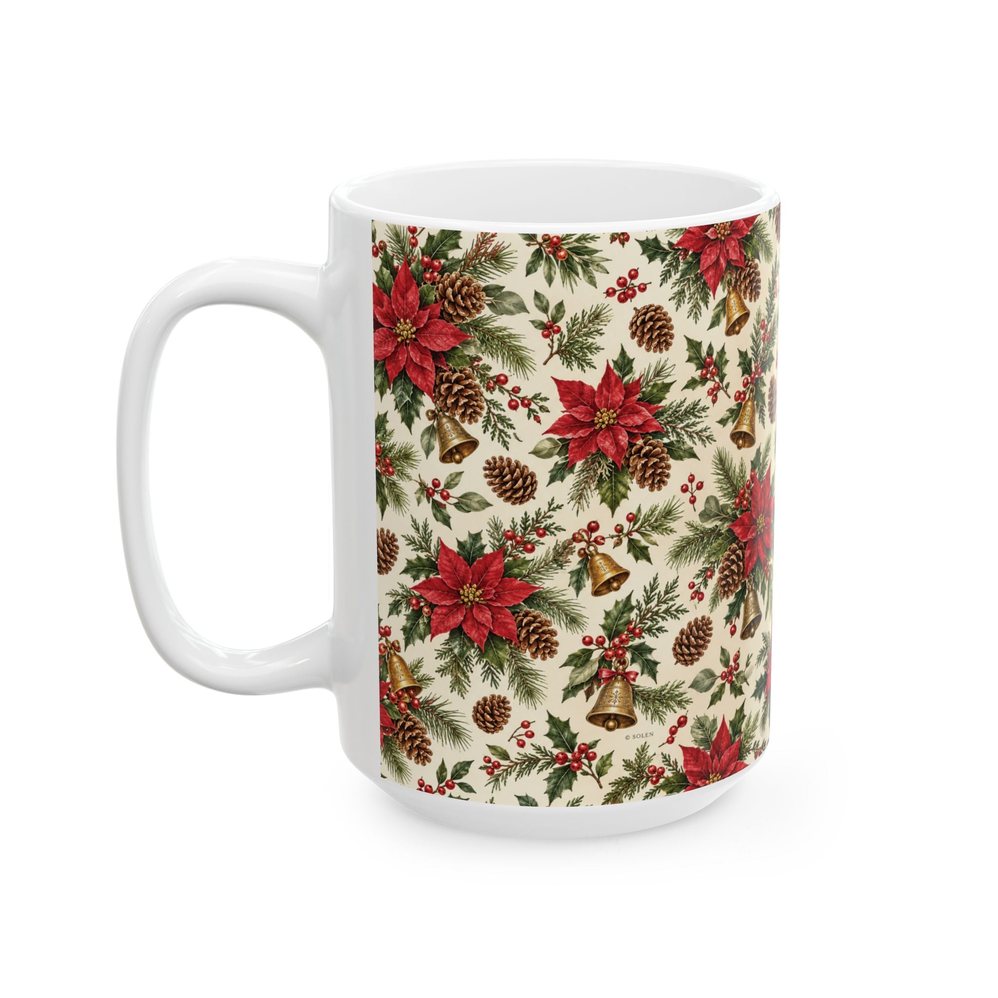 Poinsettia & Pinecone Christmas Mug – Festive Holiday Ceramic Coffee Cup (11oz, 15oz)