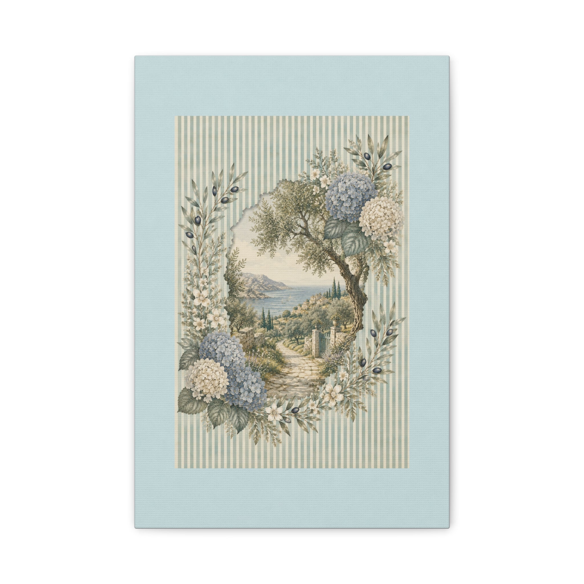 Coastal Garden Canvas Wall Art, Vintage Hydrangea Seaside Landscape Print, Blue Flower Coastal Decor, Cottage Wall Art, Solen