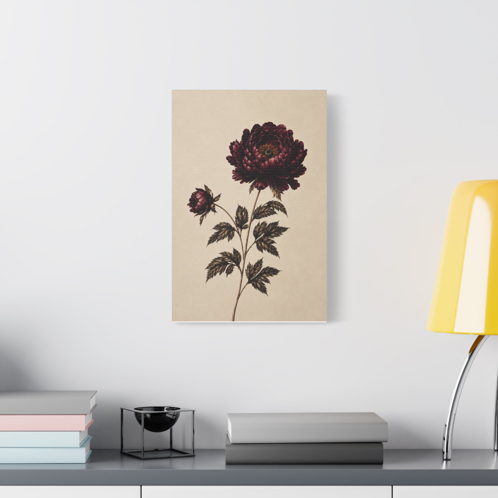 Vintage Botanical Canvas Print, Burgundy Chrysanthemum Wall Art, Dark Academia Floral Decor, Moody Antique Flower Art, Solen
