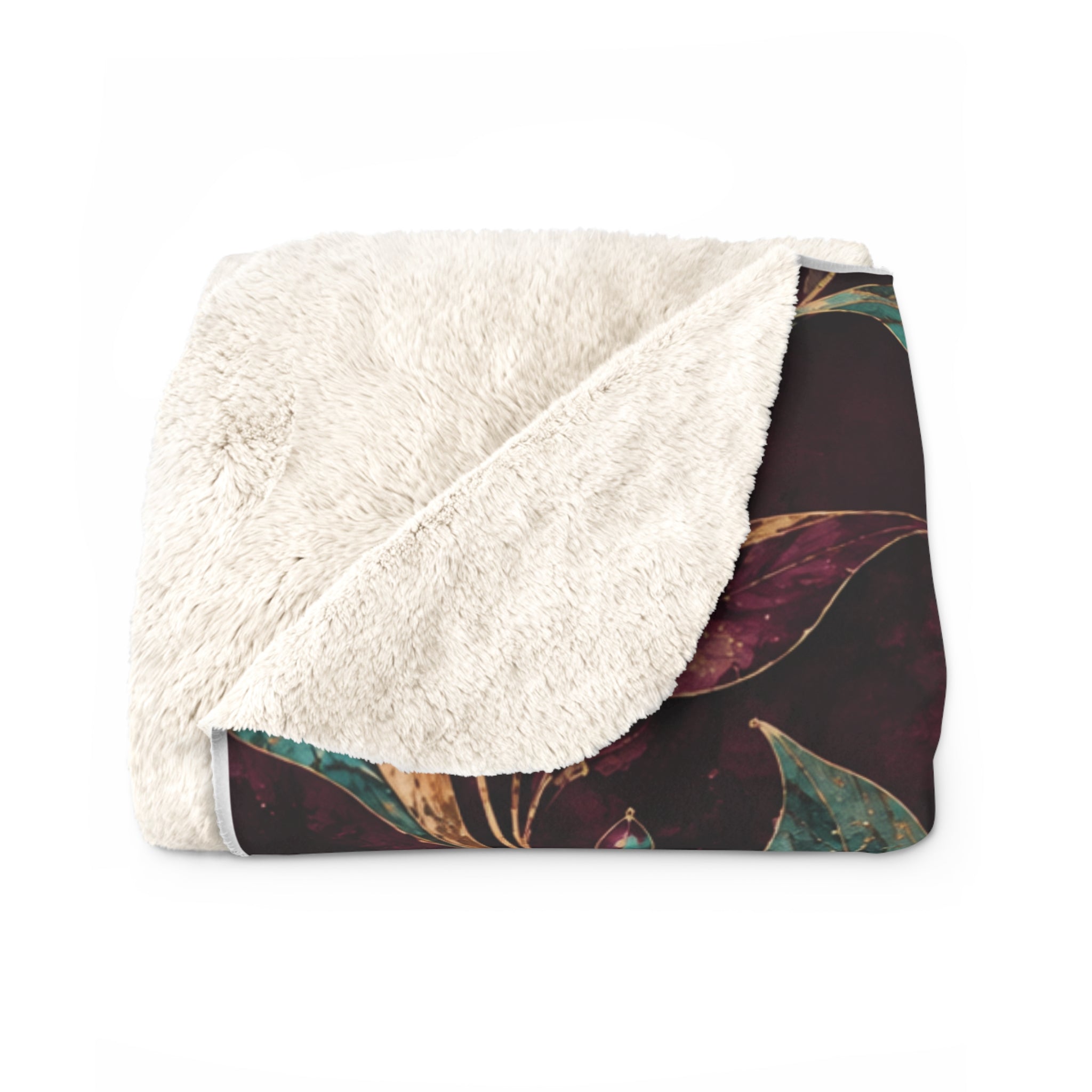 Burgundy Botanical Sherpa Fleece Blanket, Teal Gold Leaf Throw, Cozy Plush Blanket for Couch Bed, Housewarming Gift, Fall Home Decor