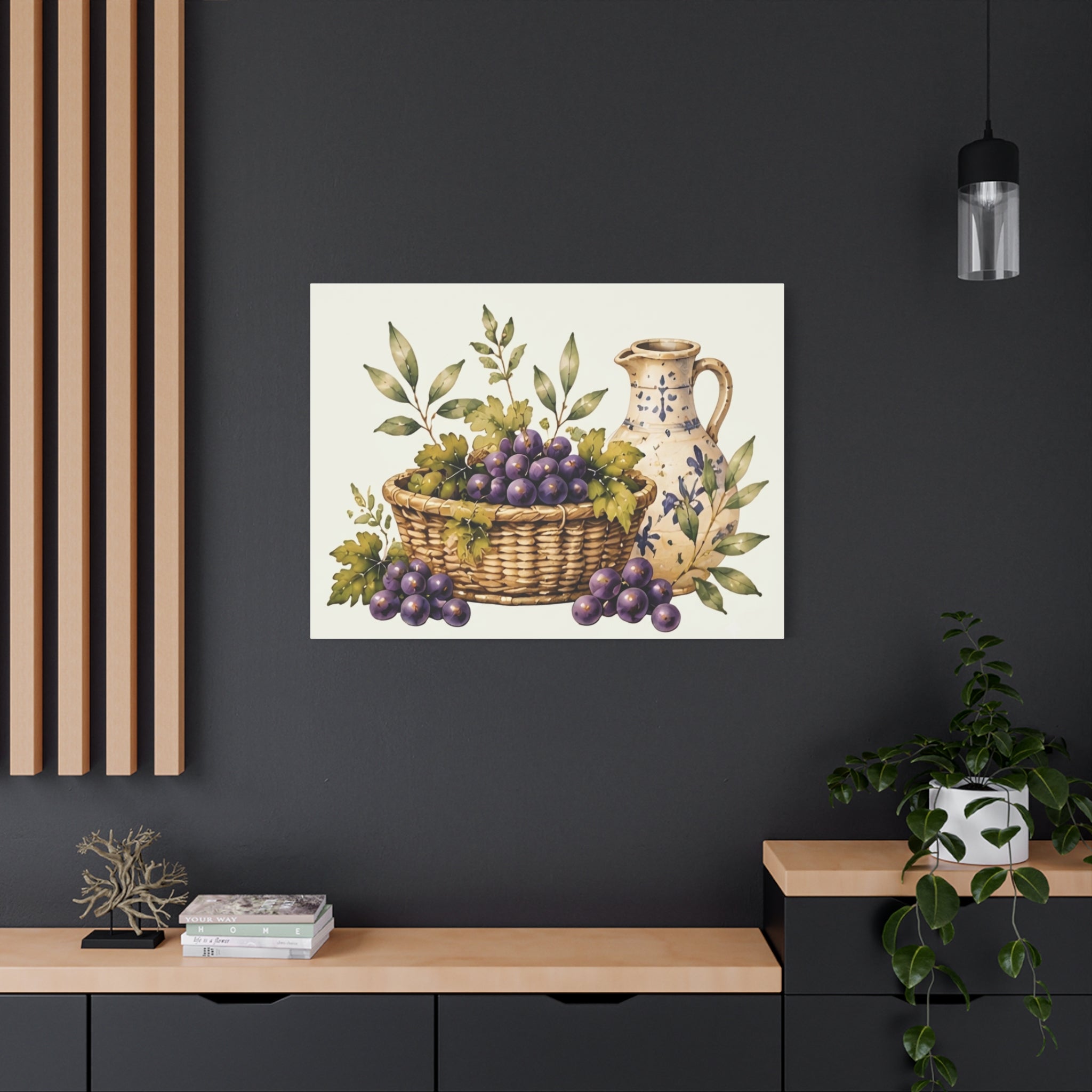 Grapes & Pitcher Matte Canvas Wall Art, Rustic Tuscan Kitchen Decor, Vintage Fruit Still Life Print, Dining Room Art, Solen