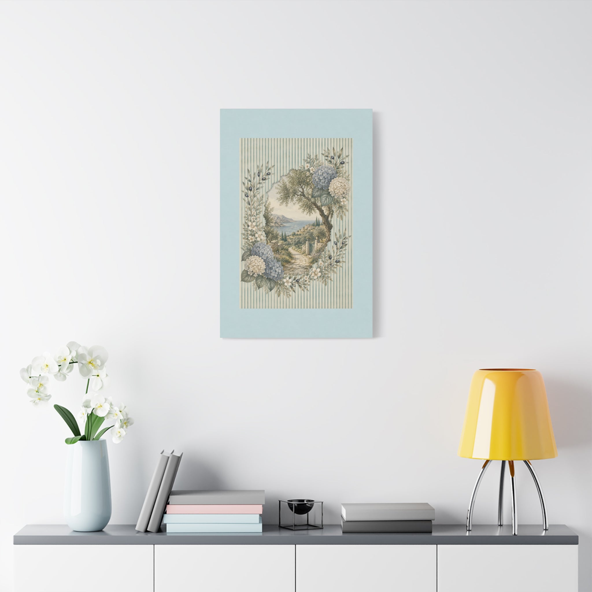 Coastal Garden Canvas Wall Art, Vintage Hydrangea Seaside Landscape Print, Blue Flower Coastal Decor, Cottage Wall Art, Solen