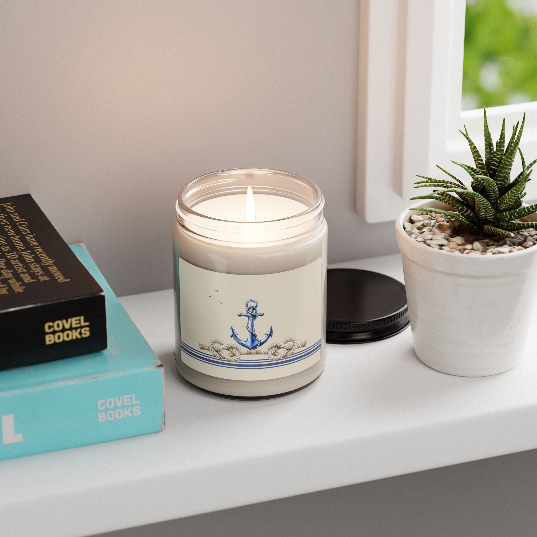 Nautical Soy Candle 9oz, Sailboat & Anchor Scented Jar Candle, Coastal Home Fragrance, Beach House Gift, Solen