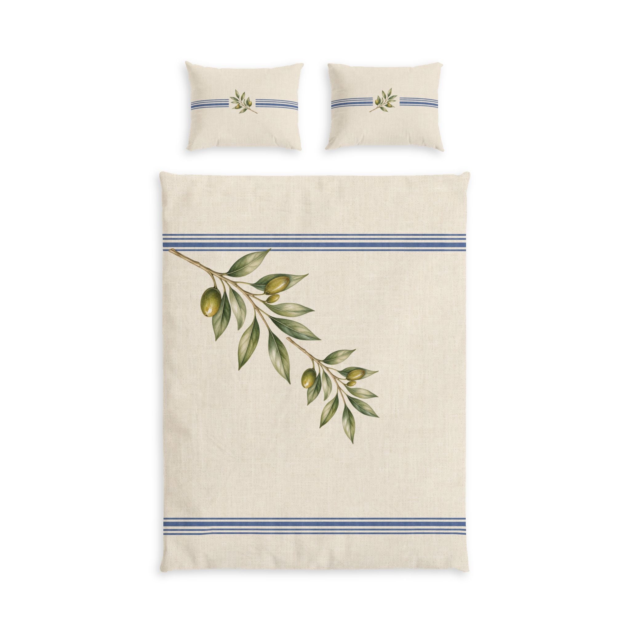 Blue Stripe Olive Branch Duvet Cover Set, Mediterranean Cotton Bedding & Pillow Shams, Coastal Farmhouse Bedroom Decor,©SOLEN