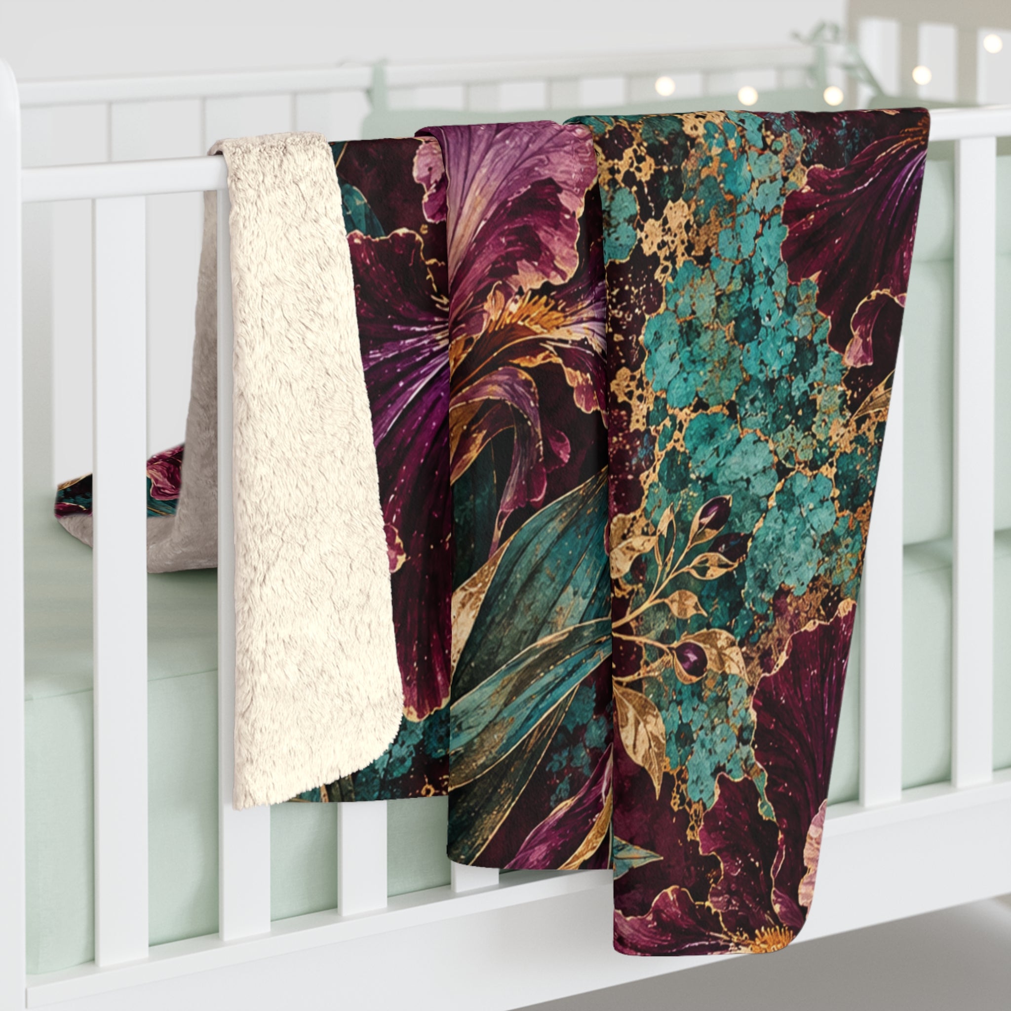 Floral Vintage Sherpa Blanket — Plush Purple Iris & Teal Botanical Throw