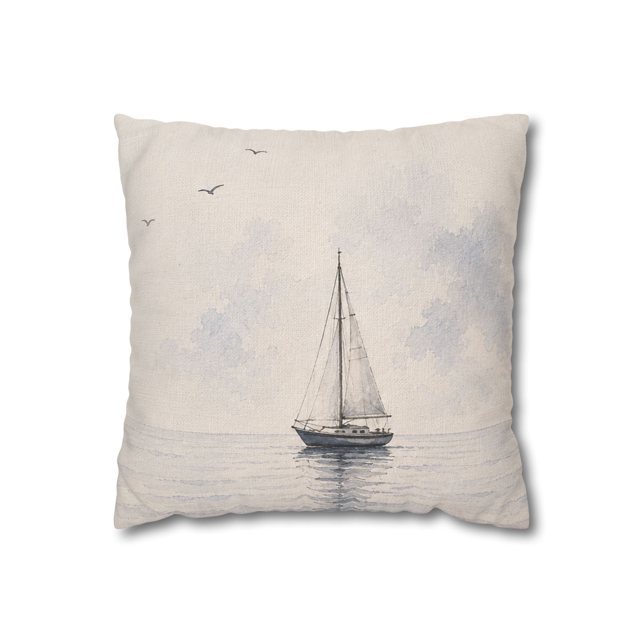 Watercolor Sailboat Throw Pillow Cover, Misty Blue Coastal Nautical Cushion, Muted Sailing Scene Home Decor, Square Pillow, Solen