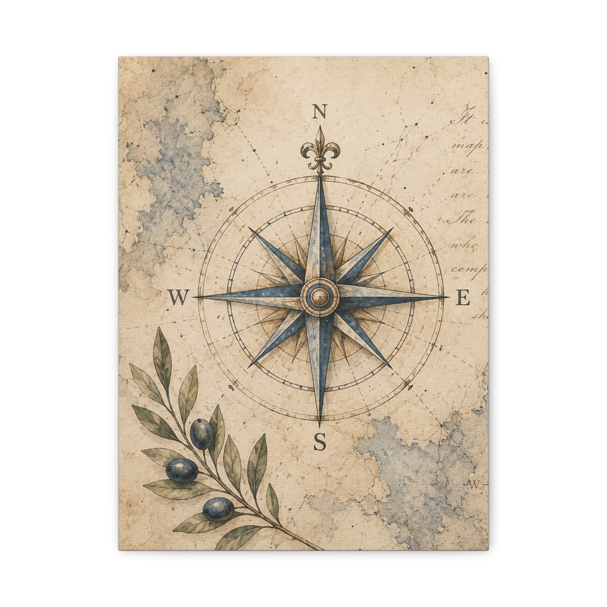 Old Compass Rose Canvas Print, Antique Nautical Wall Art, Vintage Mediterranean Map Decor, Sailing Study Room Art, Solen