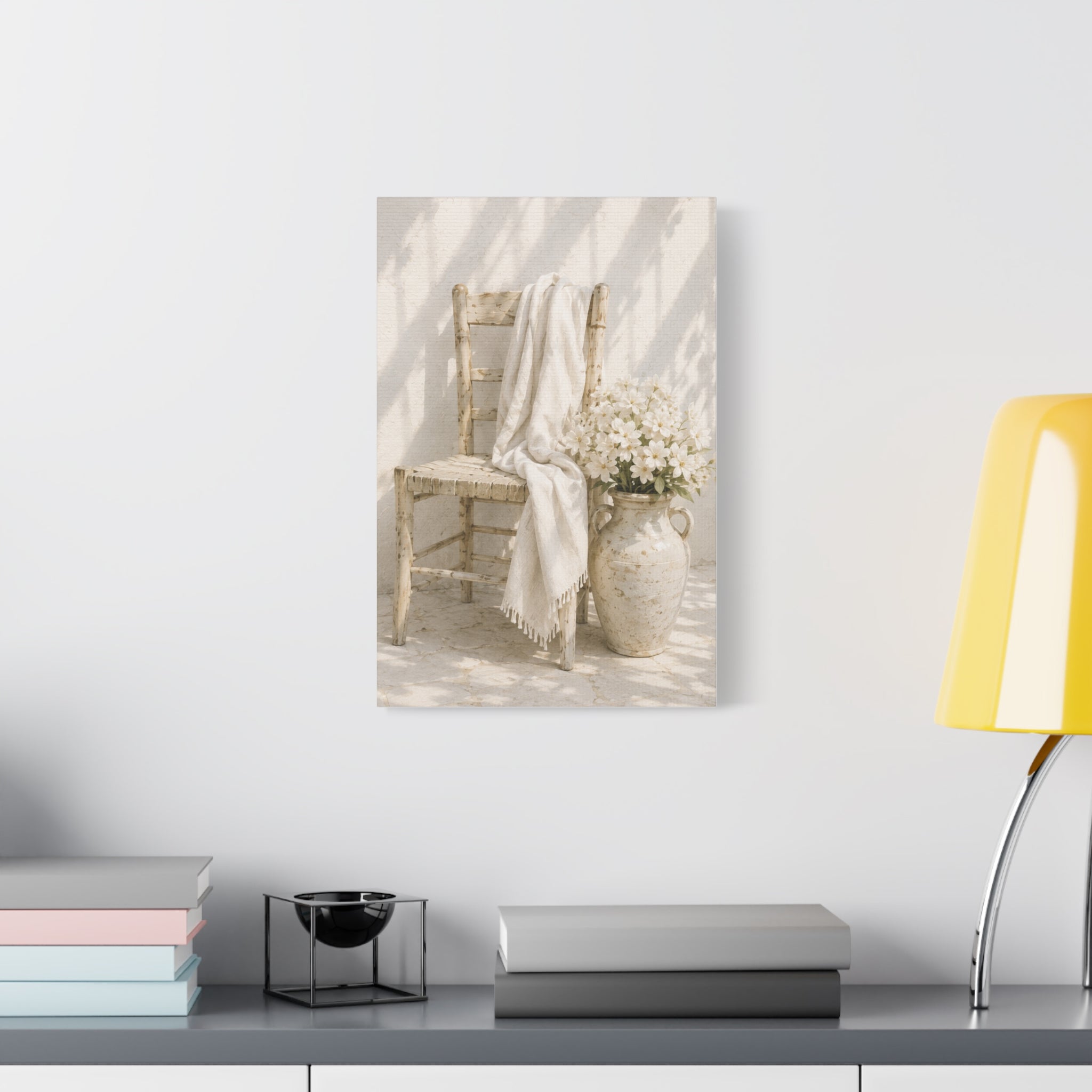 Neutral Cottage Chair Canvas Print, Rustic Chair with Vase Wall Art, Minimalist Mediterranean Decor, Beige Cottage Art, Solen
