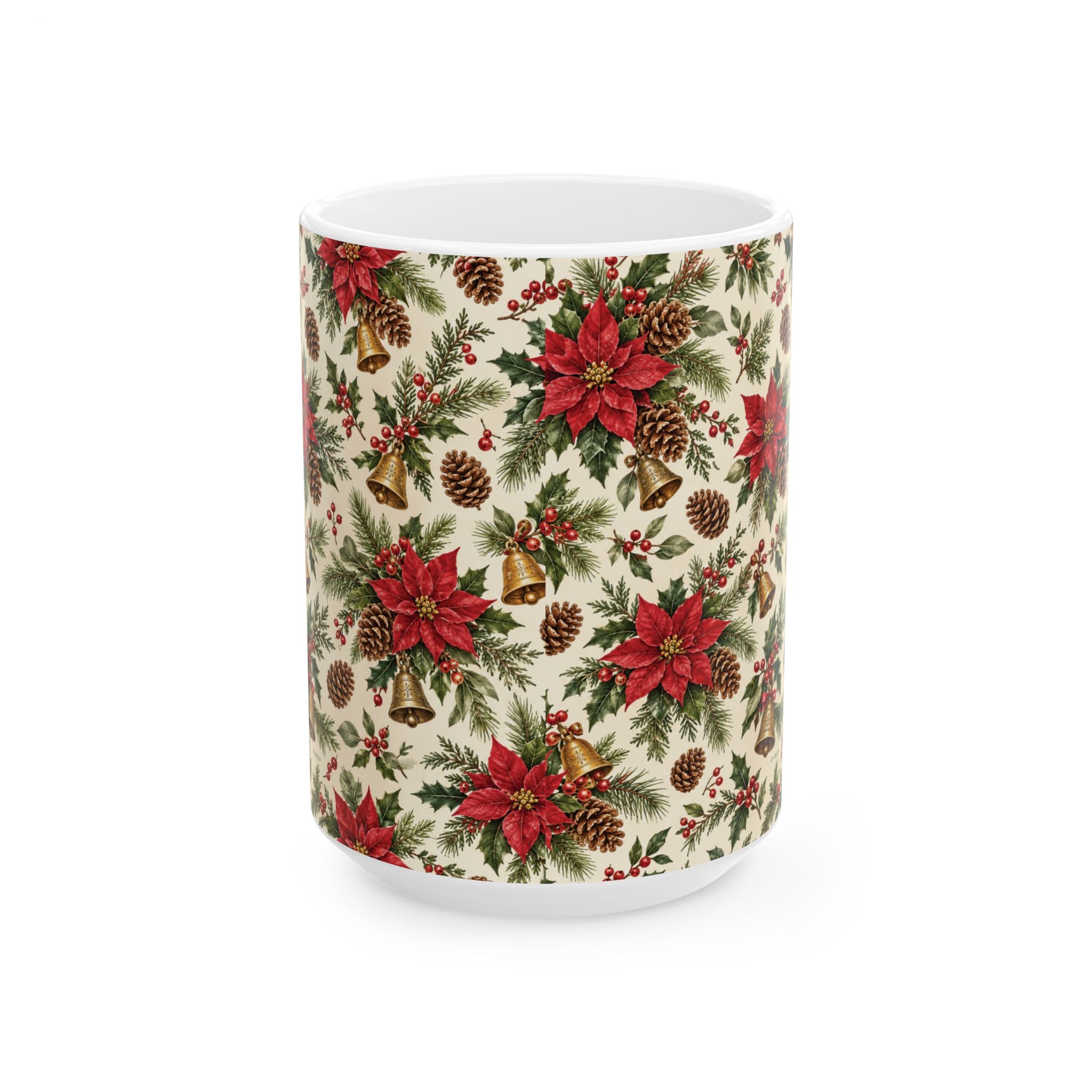 Poinsettia & Pinecone Christmas Mug – Festive Holiday Ceramic Coffee Cup (11oz, 15oz)