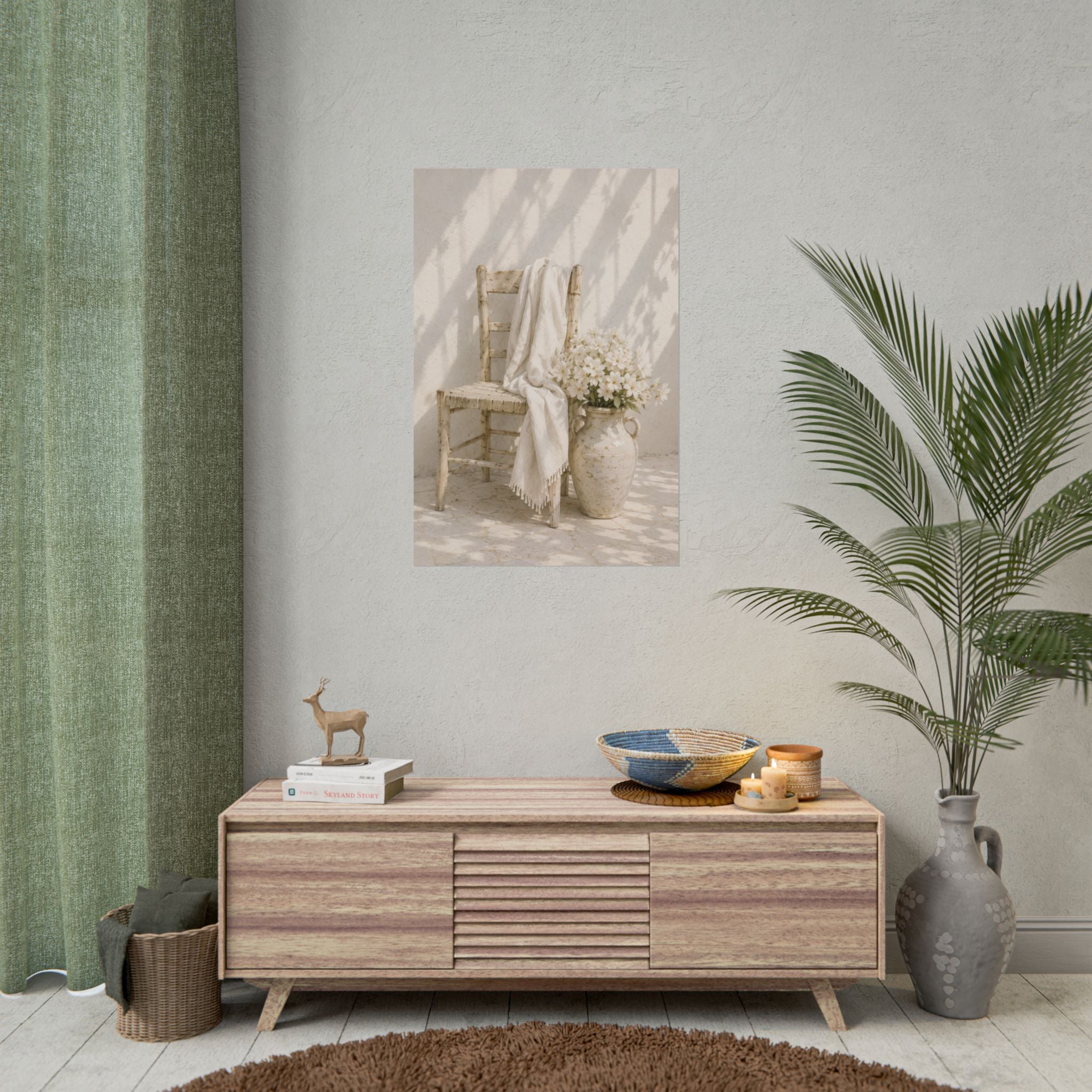 Mediterranean Poster, Neutral Coastal Wall Art, Rustic Chair & White Flowers Print, Minimalist Mediterranean Home Decor, Solen