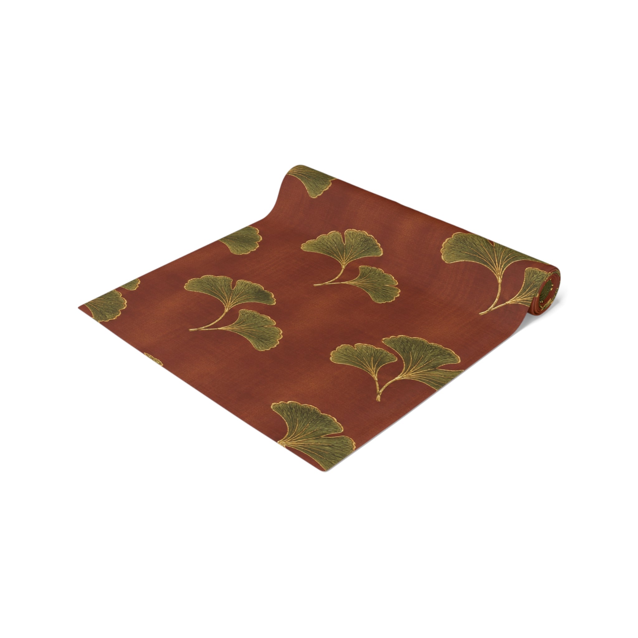 Ginkgo Leaf Table Runner — Earthy Brown & Olive Cotton-Blend Dining Decor
