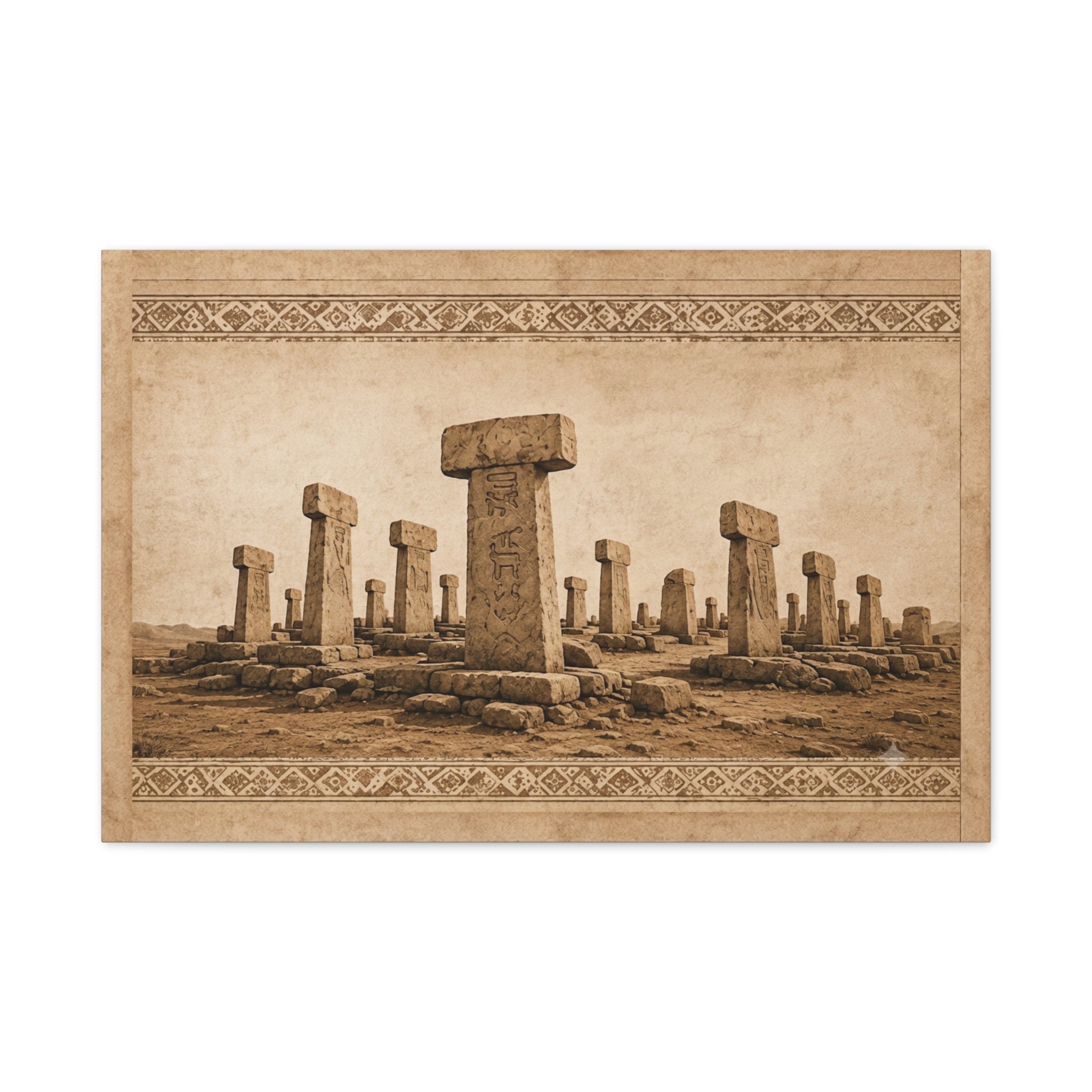 Göbeklitepe Wall Art Canvas, Ancient Stone Pillars Print, Sepia Archaeological Landscape, Anatolian Border Design, Large Wall Decor, Solen