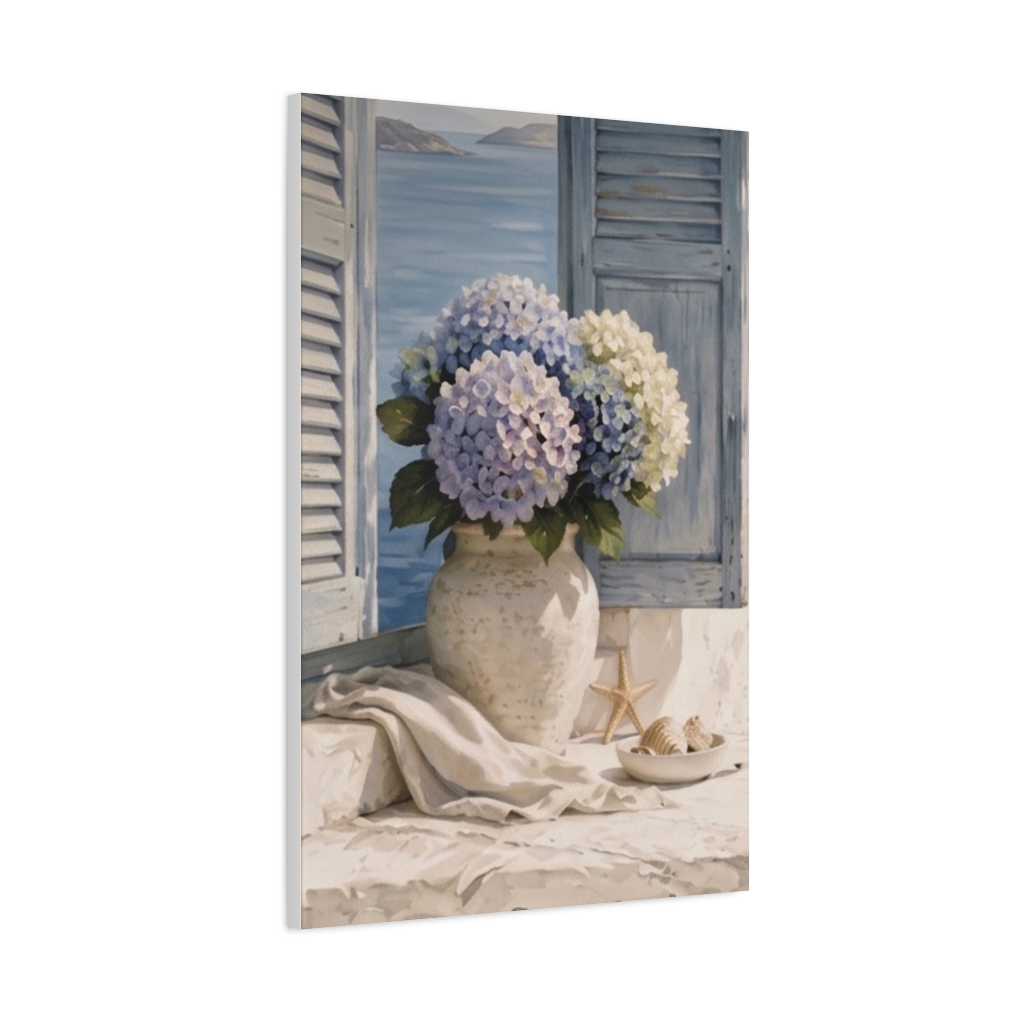 Coastal Hydrangea Canvas Wall Art, Blue Flowers by the Window Print, Mediterranean Seaside Decor, Botanical Living Room Art, Solen
