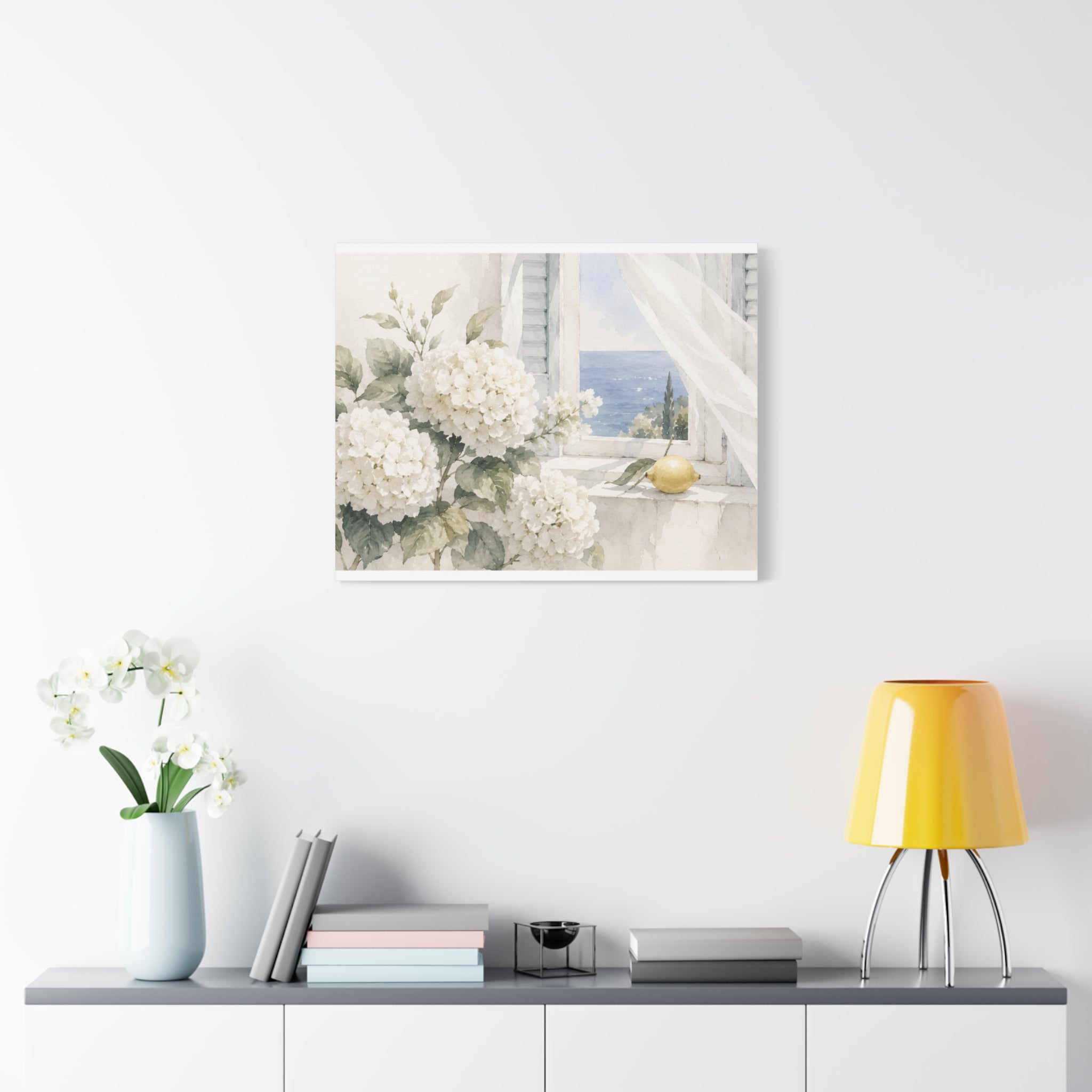 White Summer Window Canvas Wall Art, Hydrangea & Sea Watercolor Print, Coastal Cottage Bedroom Decor, Blue Seaside Art, Solen