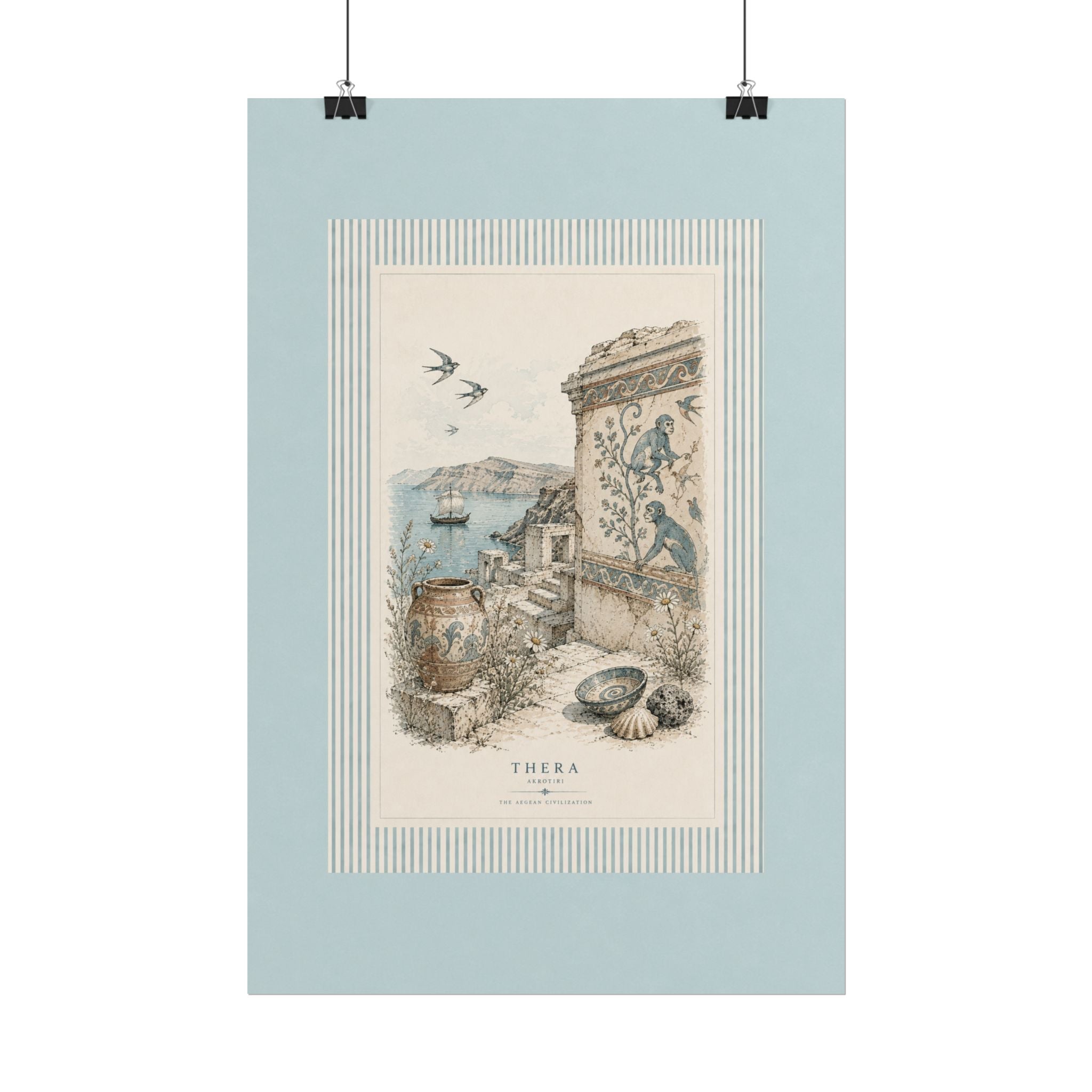 Thera Aegean Fresco Rolled Poster | Ancient Minoan Monkey & Ruins Illustration | Coastal Blue Home Decor, Solen